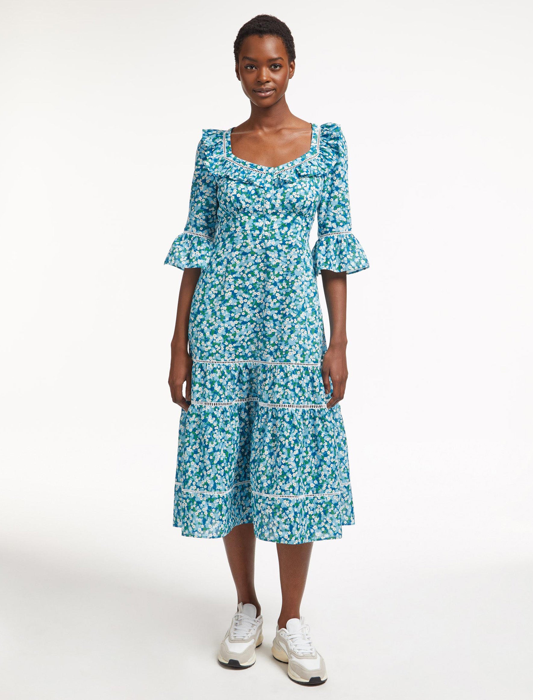Cefinn Emma Cotton Midi Dress - Mid Blue Blossom Print