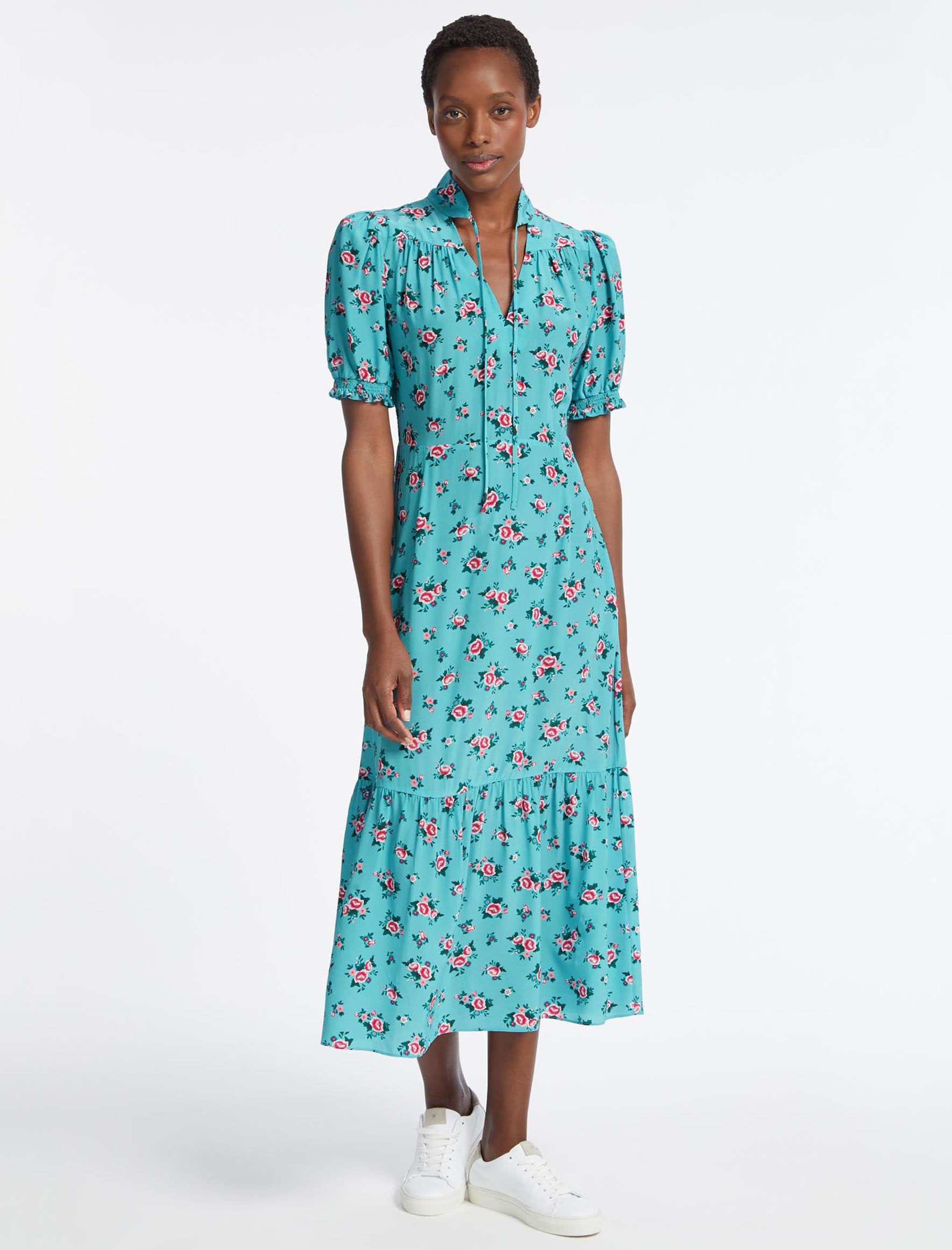 Cefinn Rebecca Silk Midi Dress - Mint Posy Print