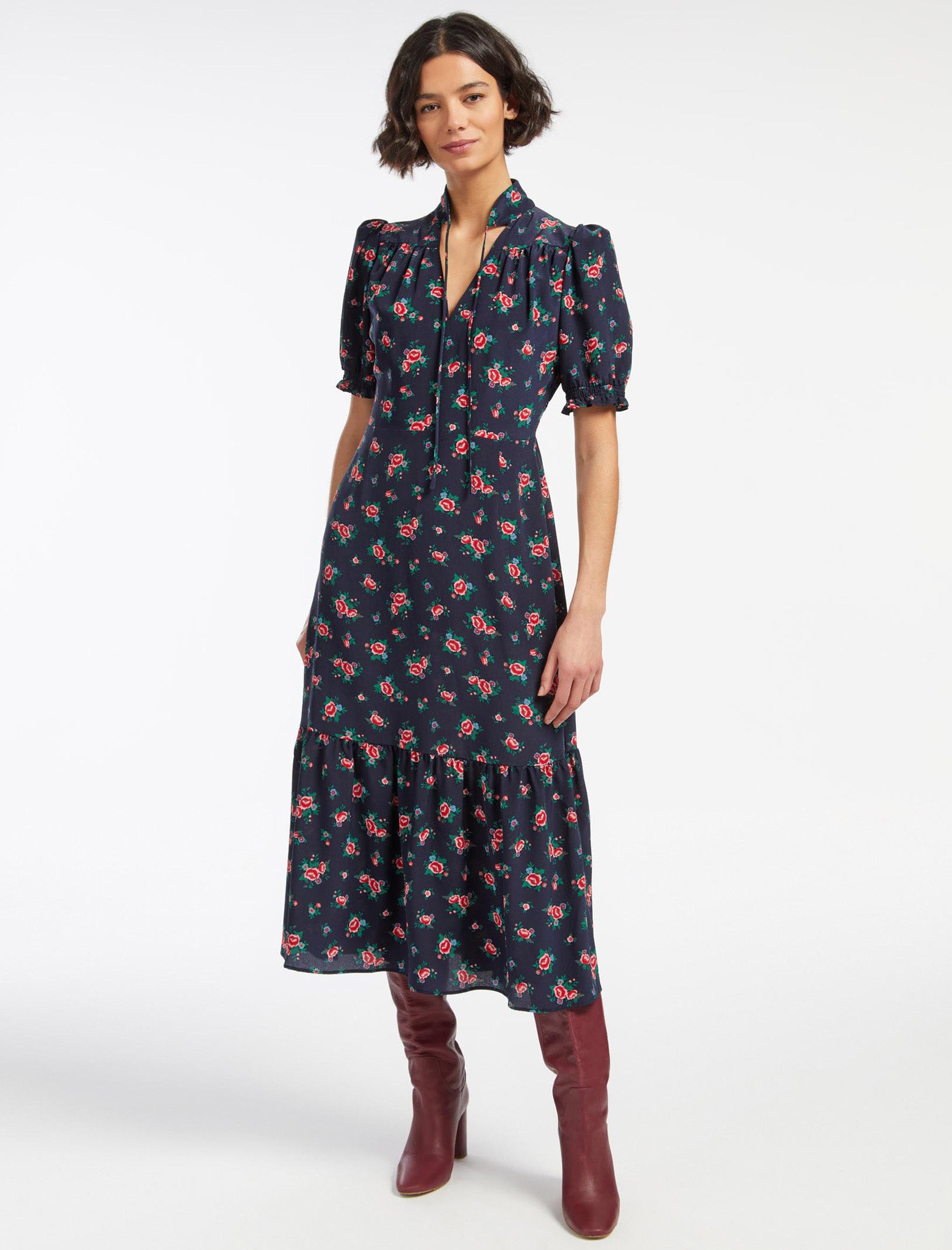 Cefinn Rebecca Silk Midi Dress - Navy Posy Print