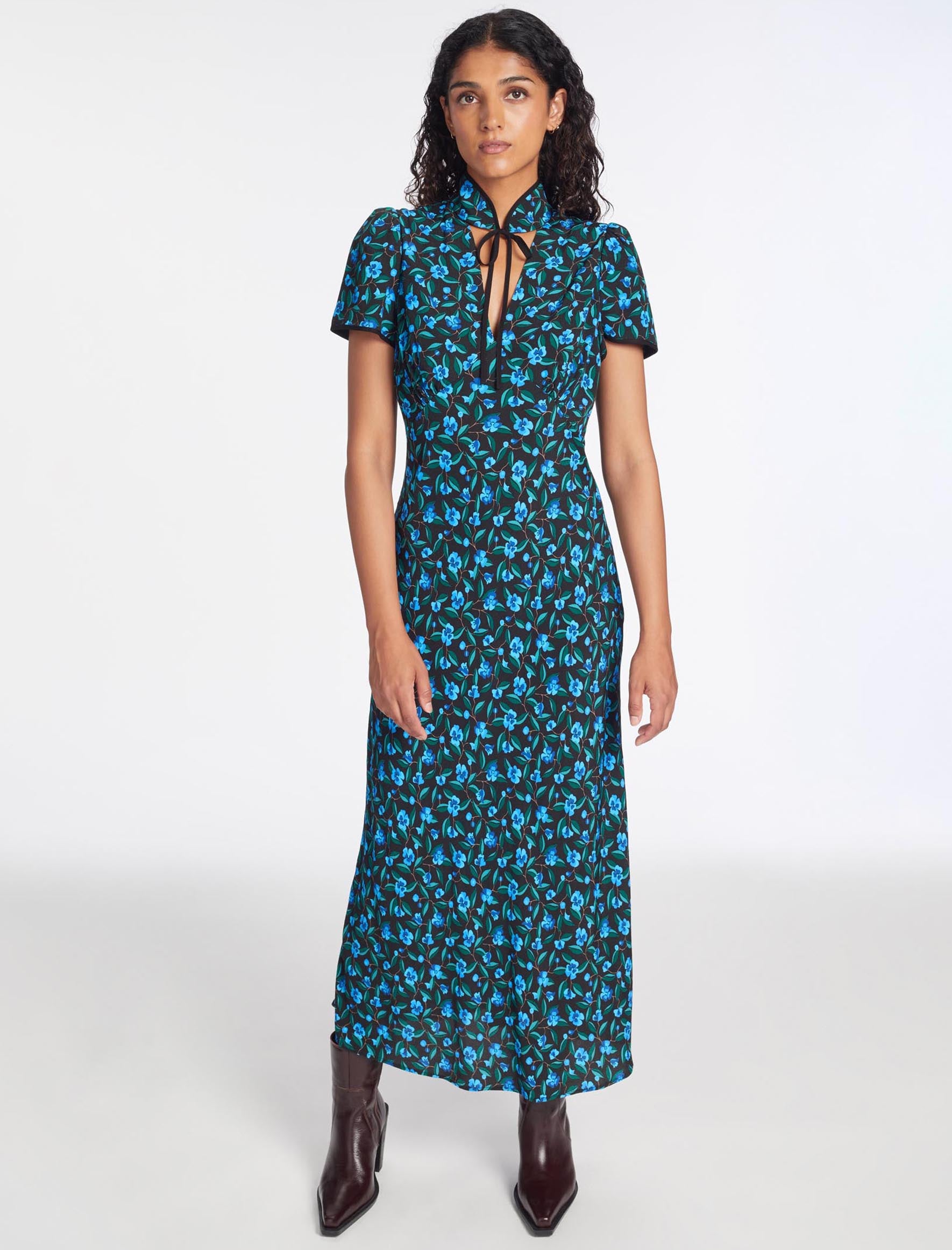 Cefinn Jacquetta Maxi Dress - Black Blue Deco Floral Print