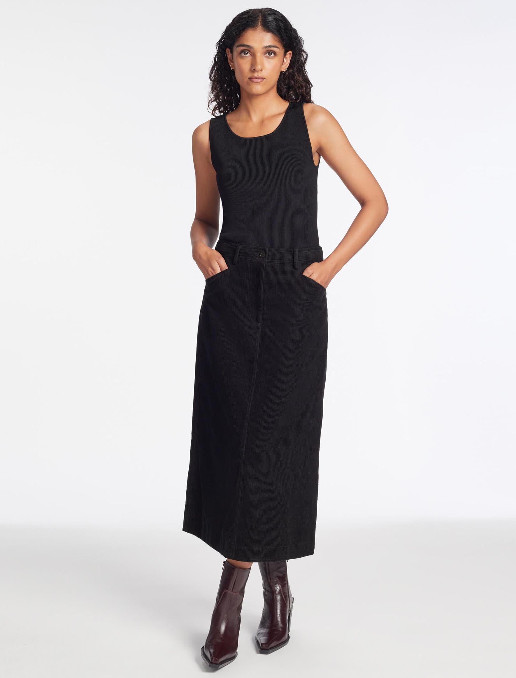 Cefinn Shona Corduroy A Line Midi Skirt - Black