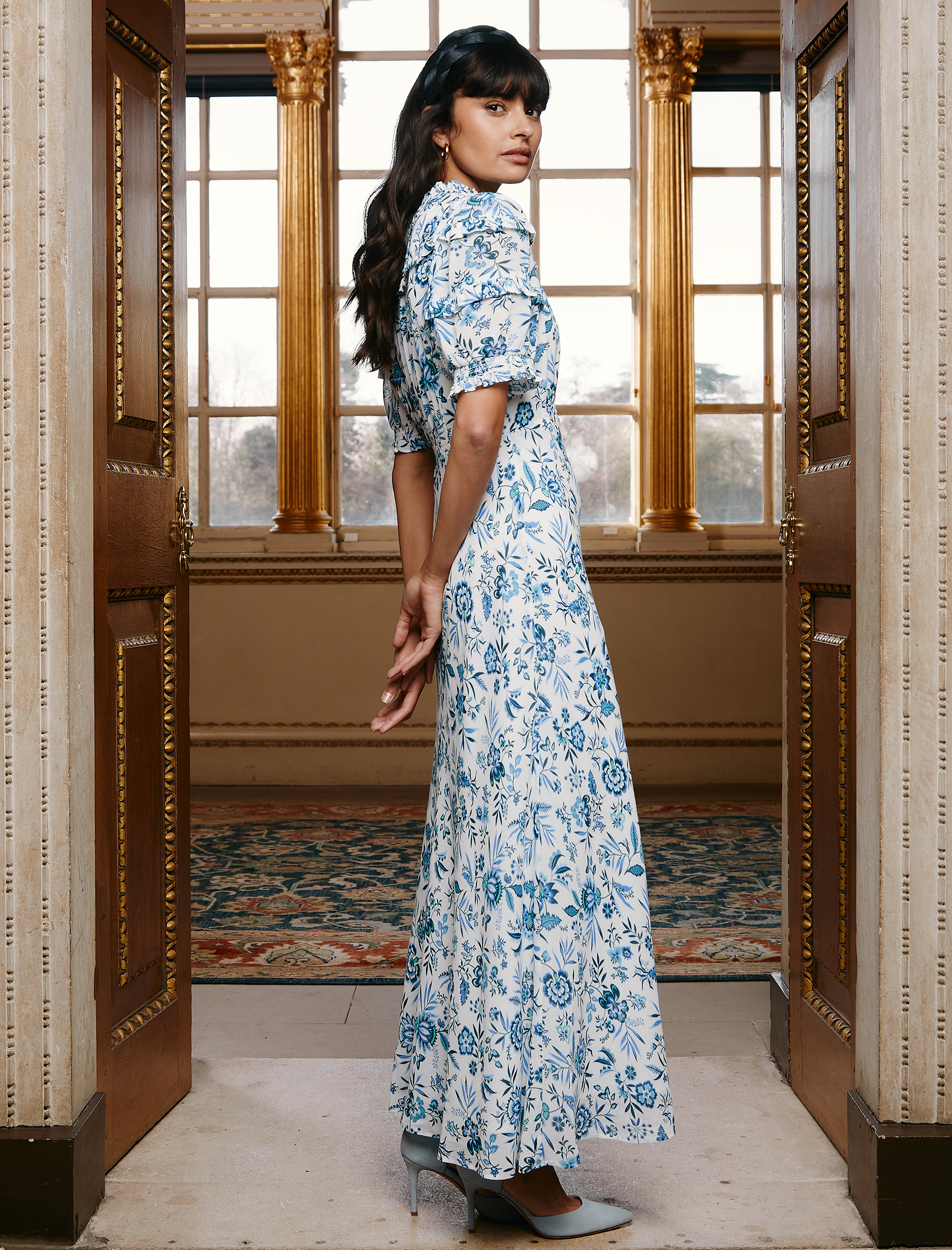 Cefinn Viola Cotton Blend Bias Cut Maxi Dress - White Blue Palm Floral