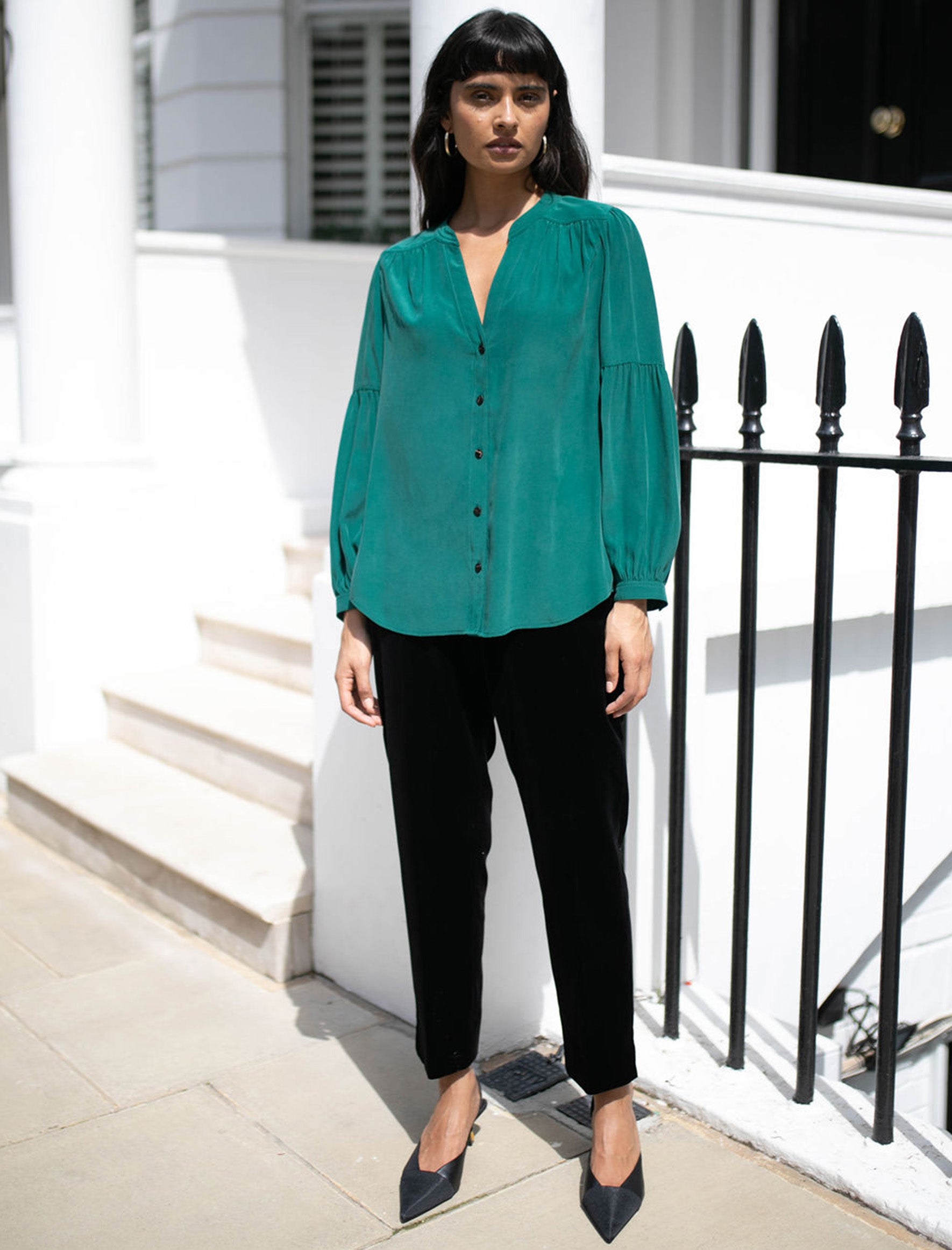 Ella Silk Crepe Blouson Sleeve Shirt - Dark Green