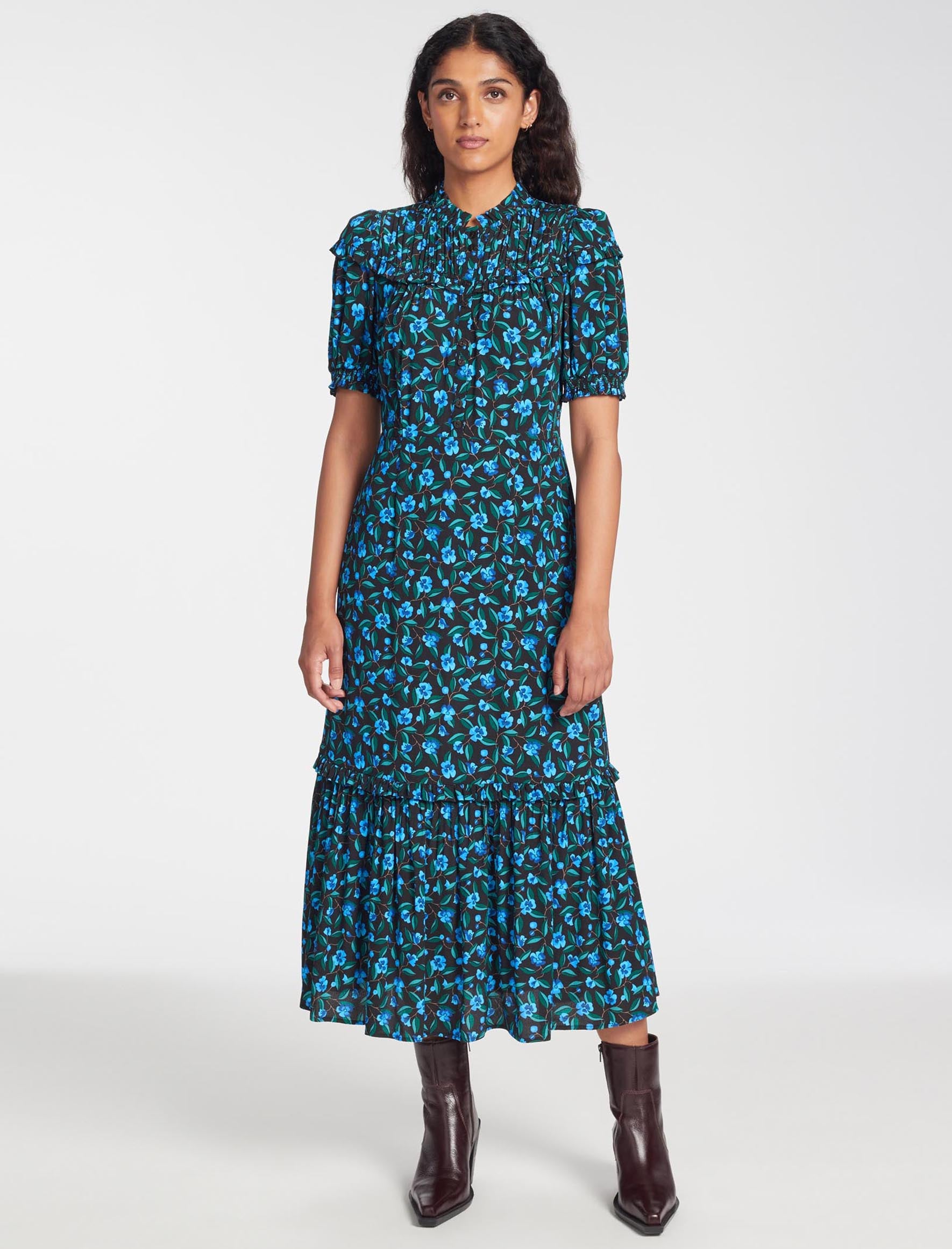 Cefinn Hermione Maxi Dress - Black Blue Deco Floral Print