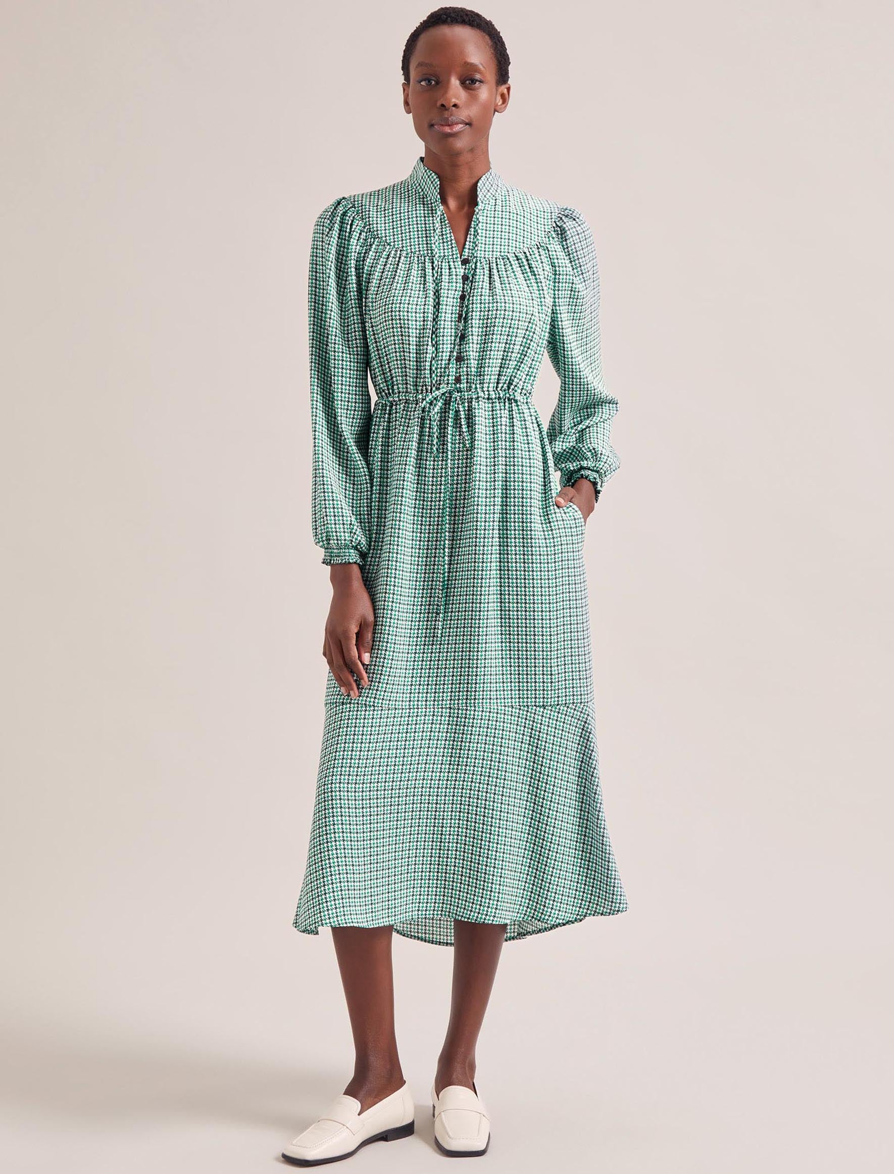 Cefinn Zahra Midi Dress - Ecru Green Houndstooth Print