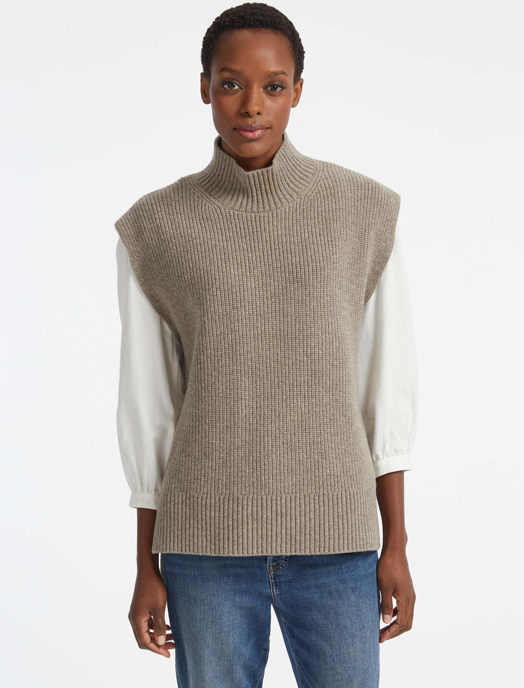 Cefinn Janice Wool Funnel Neck Sleeveless Jumper - Taupe