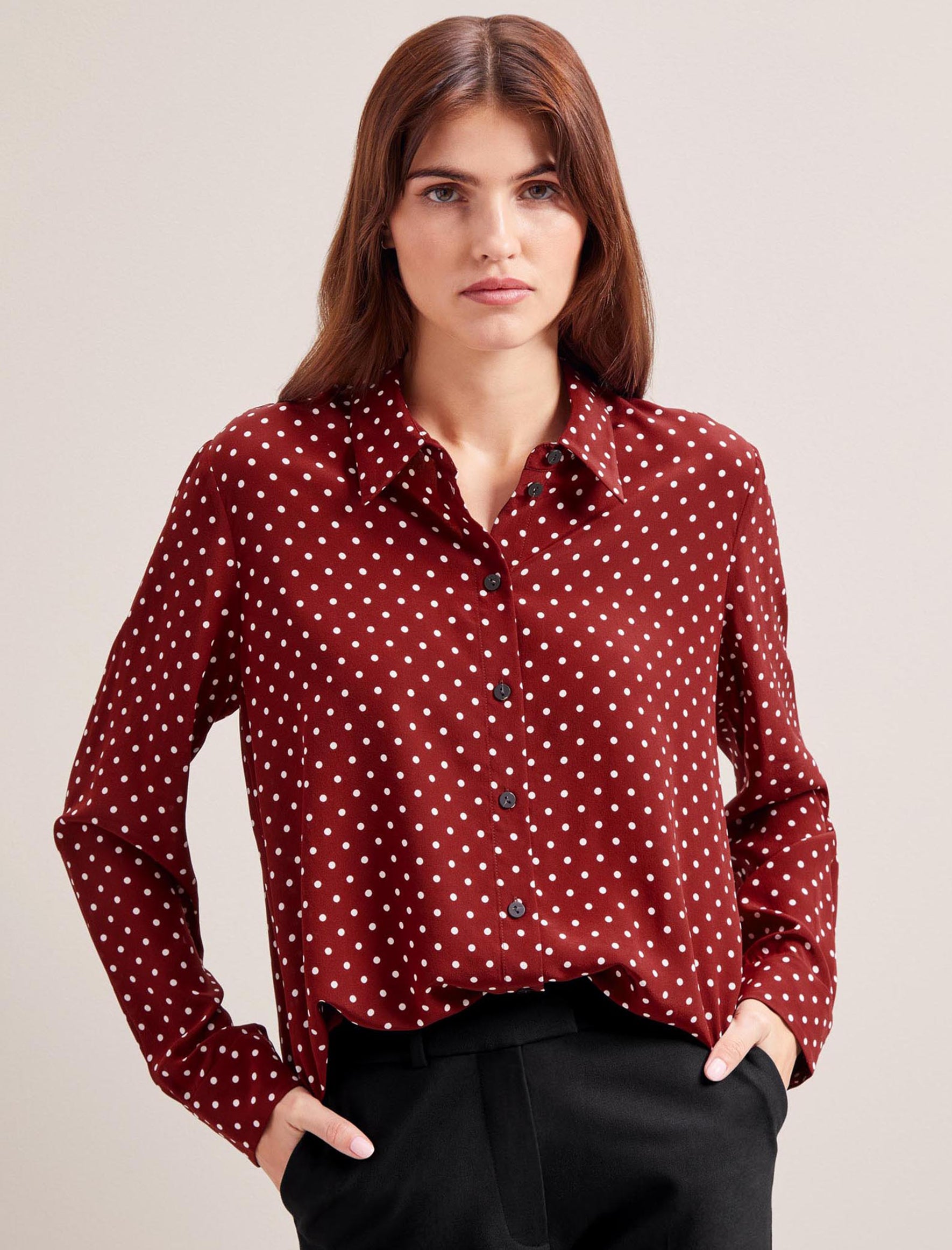 Cefinn Skyla Silk Shirt - Lipstick White Polka Dot