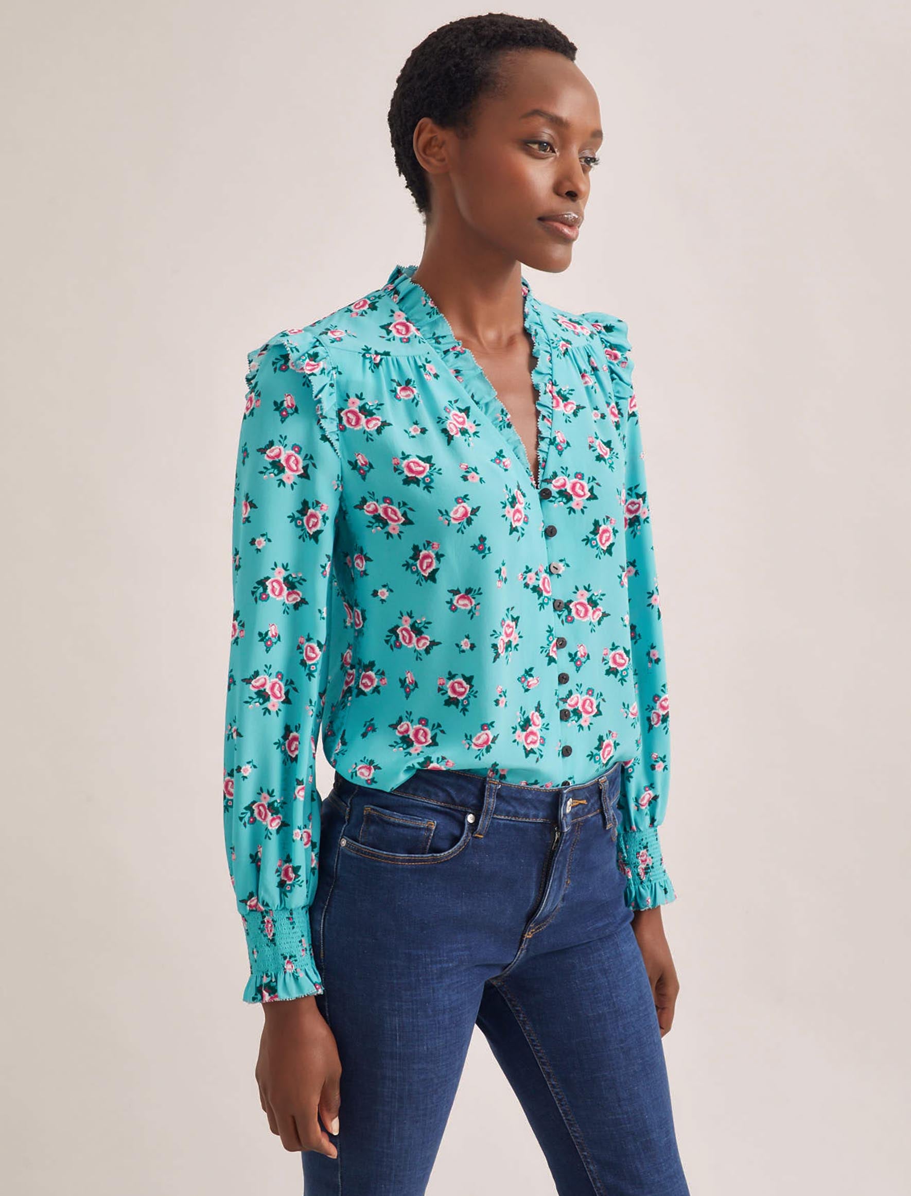 Cefinn Stella Silk Shirt - Mint Posy Print