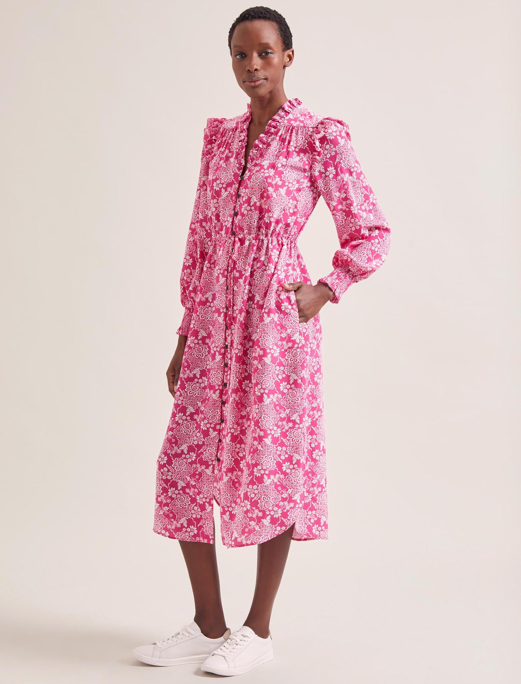 Cefinn Stella Silk Midi Dress - Hot Pink Damask Print