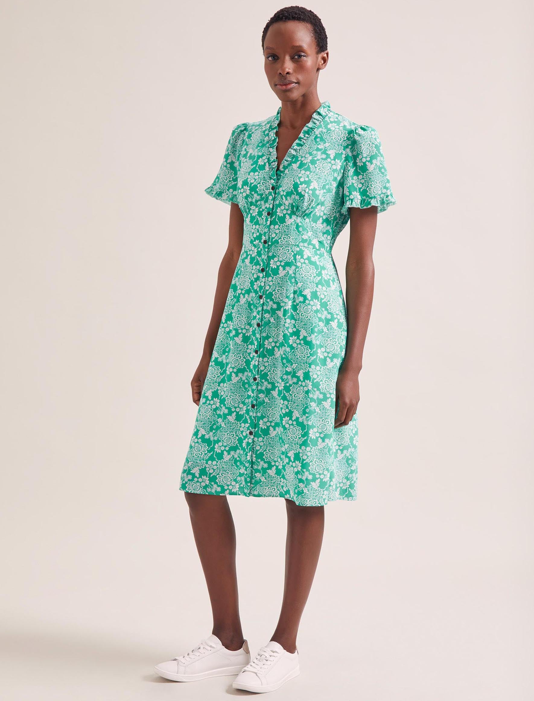 Cefinn Tabby Silk Tea Dress - Green Damask Print