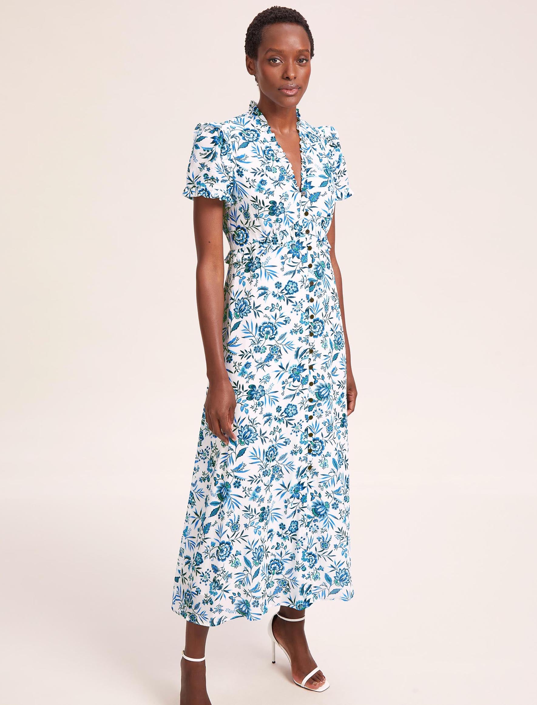 Cefinn Liliana Cotton Blend Maxi Dress - White Blue Palm Floral