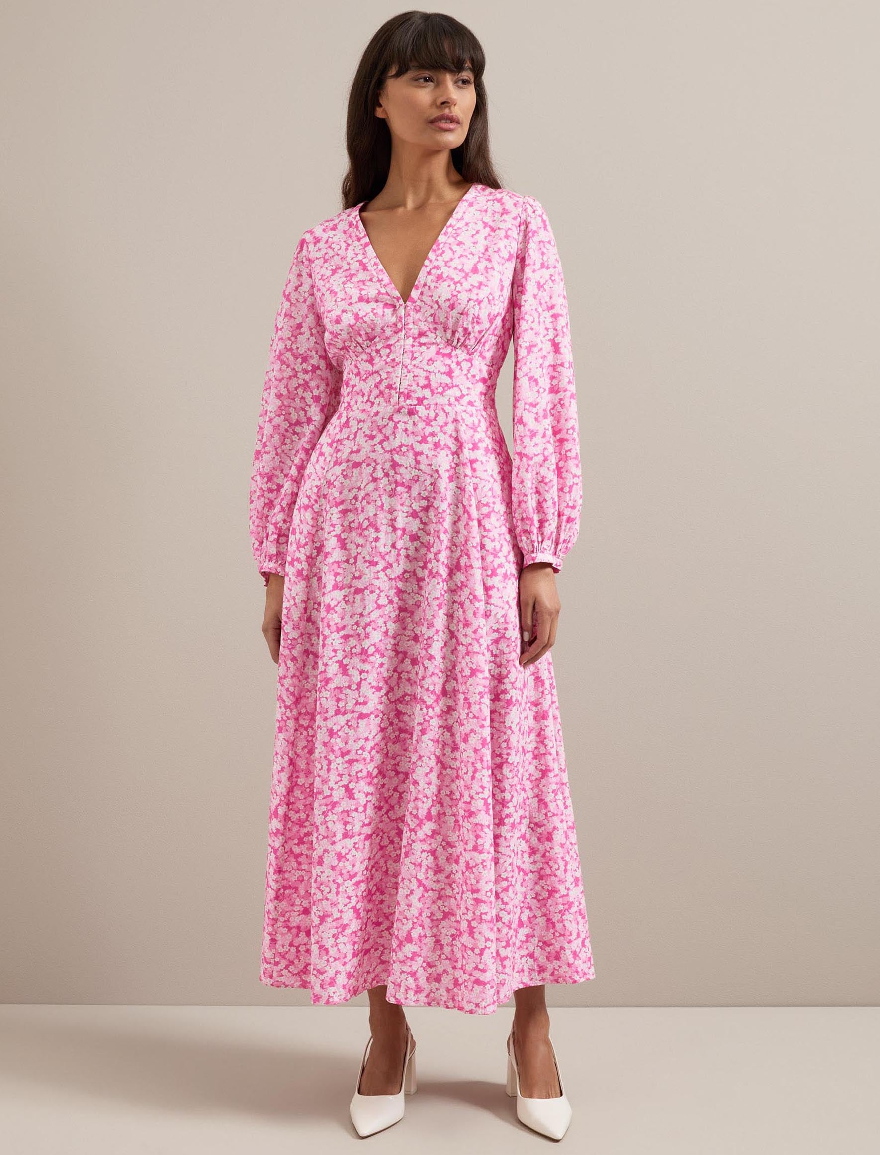 Cefinn Cora Cotton Blend Maxi Dress - Hot Pink Blossom Print