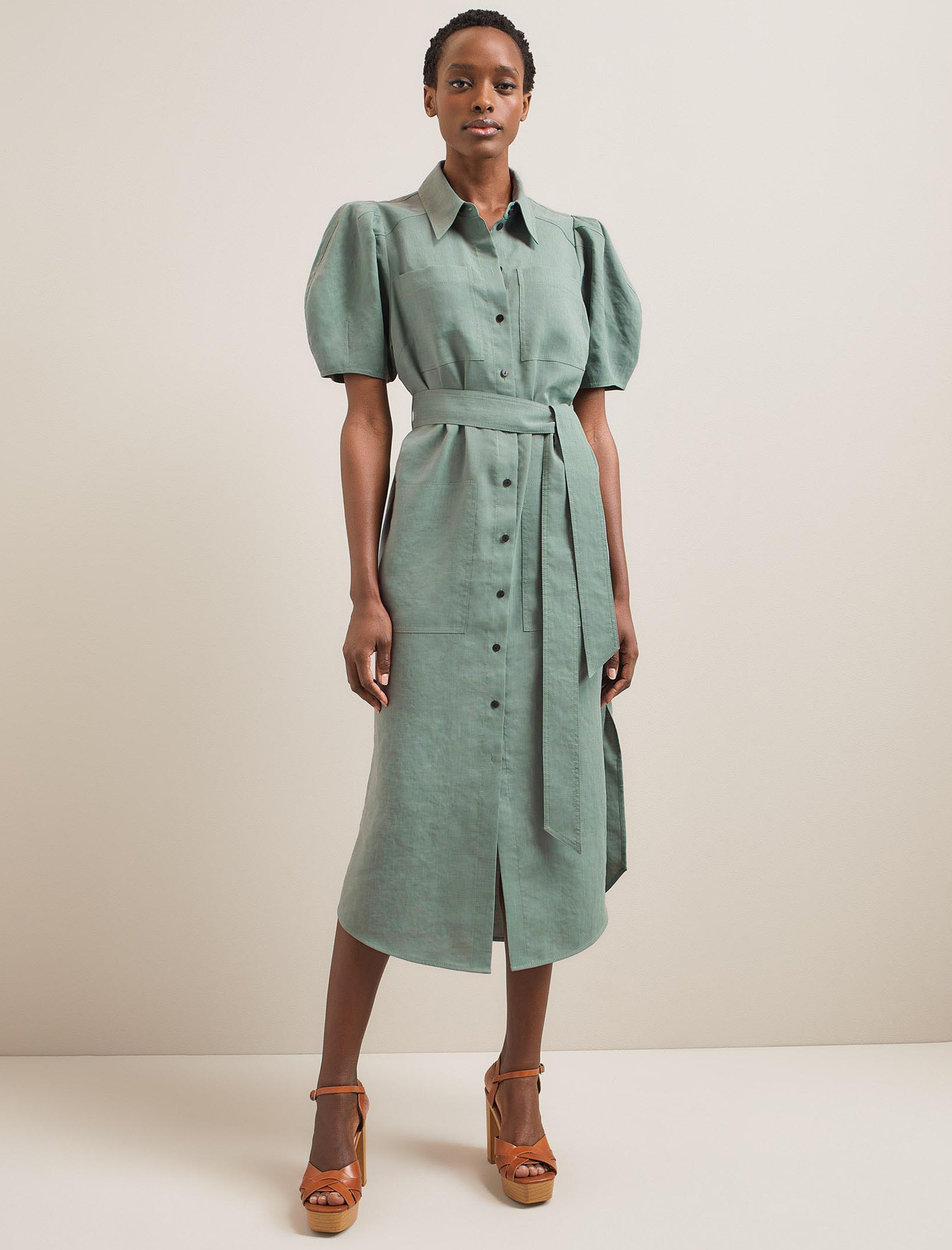 Cefinn Lyra Techni Linen Maxi Shirt Dress - Sage Green