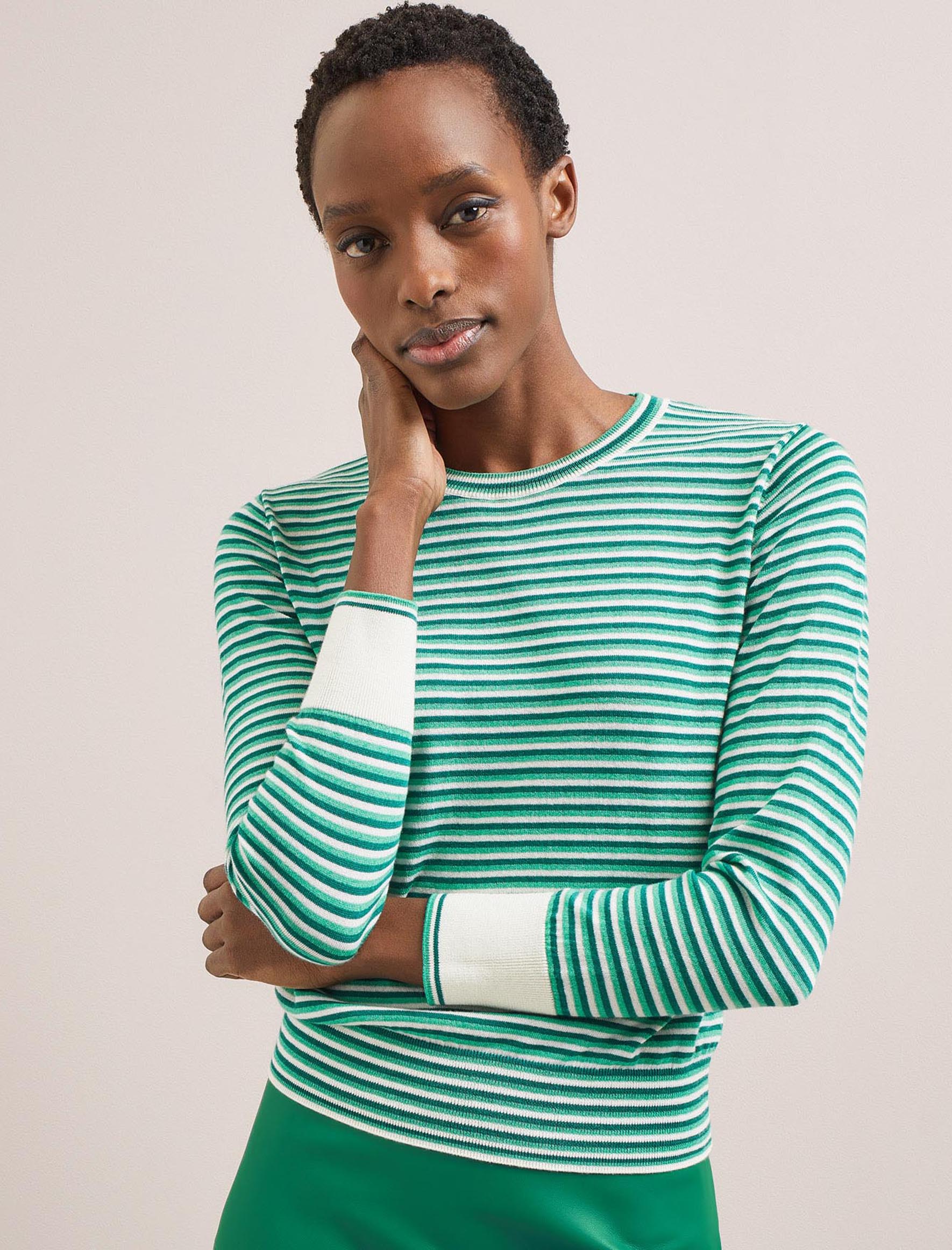 Cefinn Jodi Cotton Jumper - Teal Mint Cream Stripe