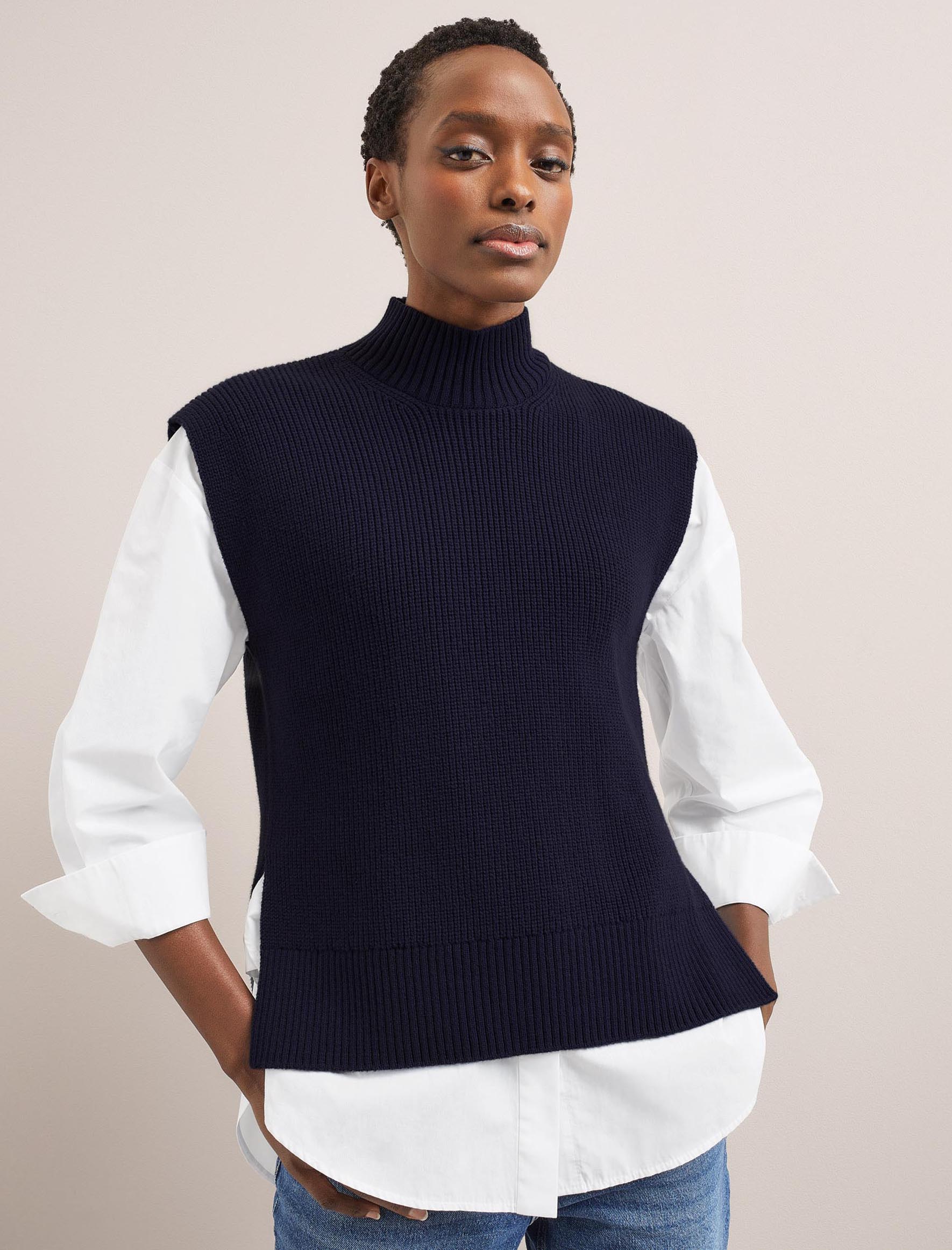 Cefinn Janice Cotton Blend Funnel Neck Sleeveless Jumper - Navy