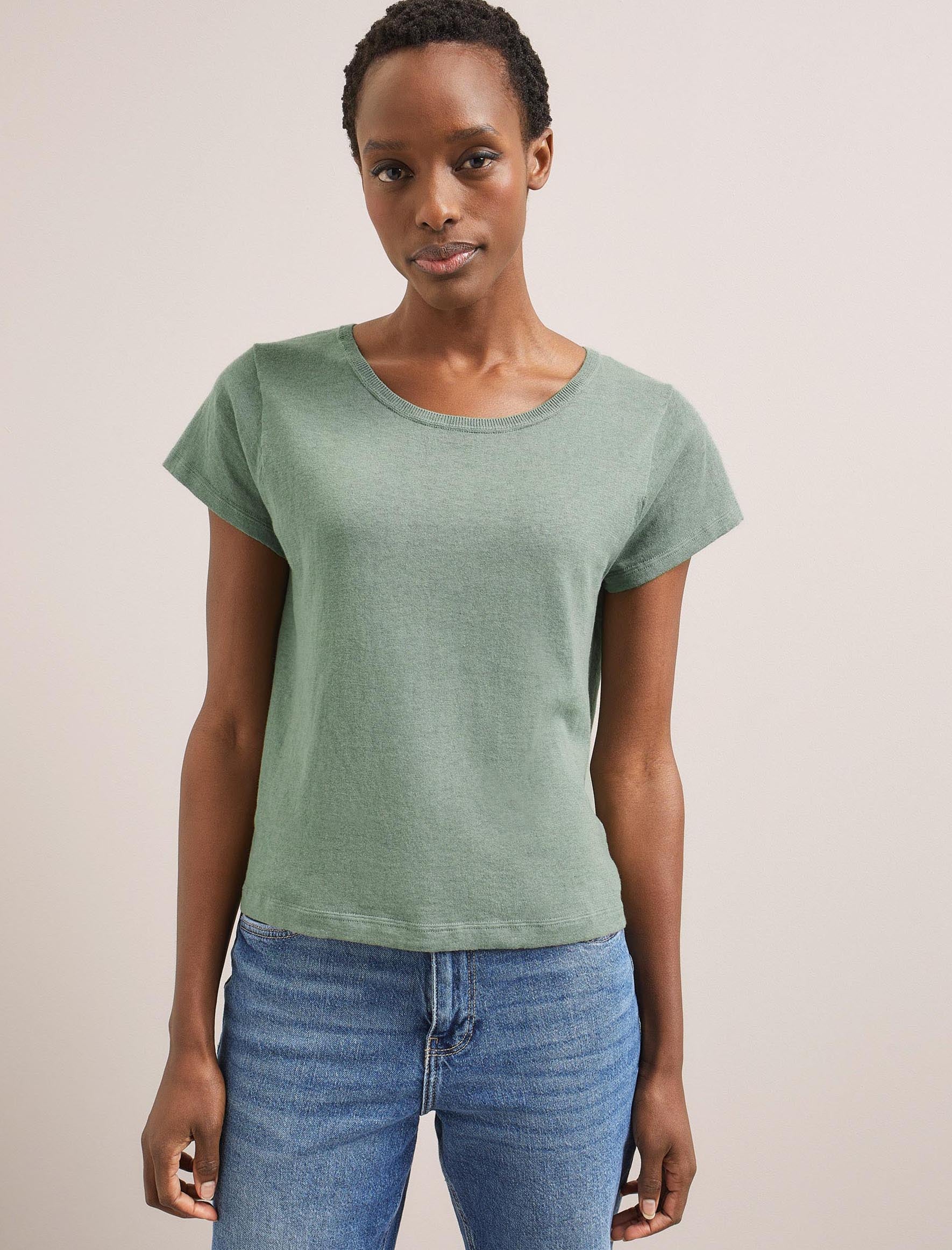 Cefinn Madison Linen Blend Round Neck Knit T-Shirt - Sage Green