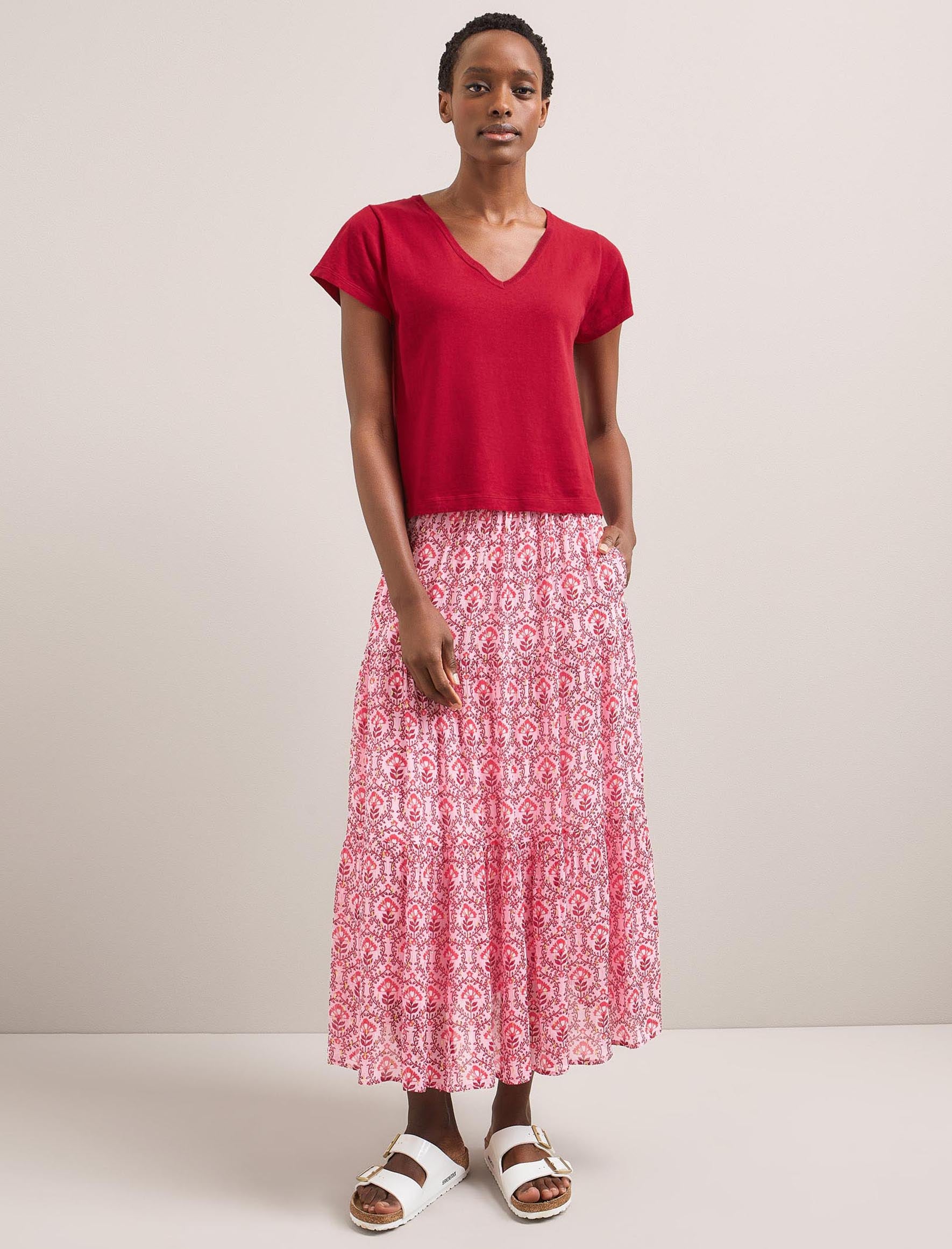 Cefinn Sedra Gold Metallic Fil Coupé Maxi Skirt - Pink Carnation Print