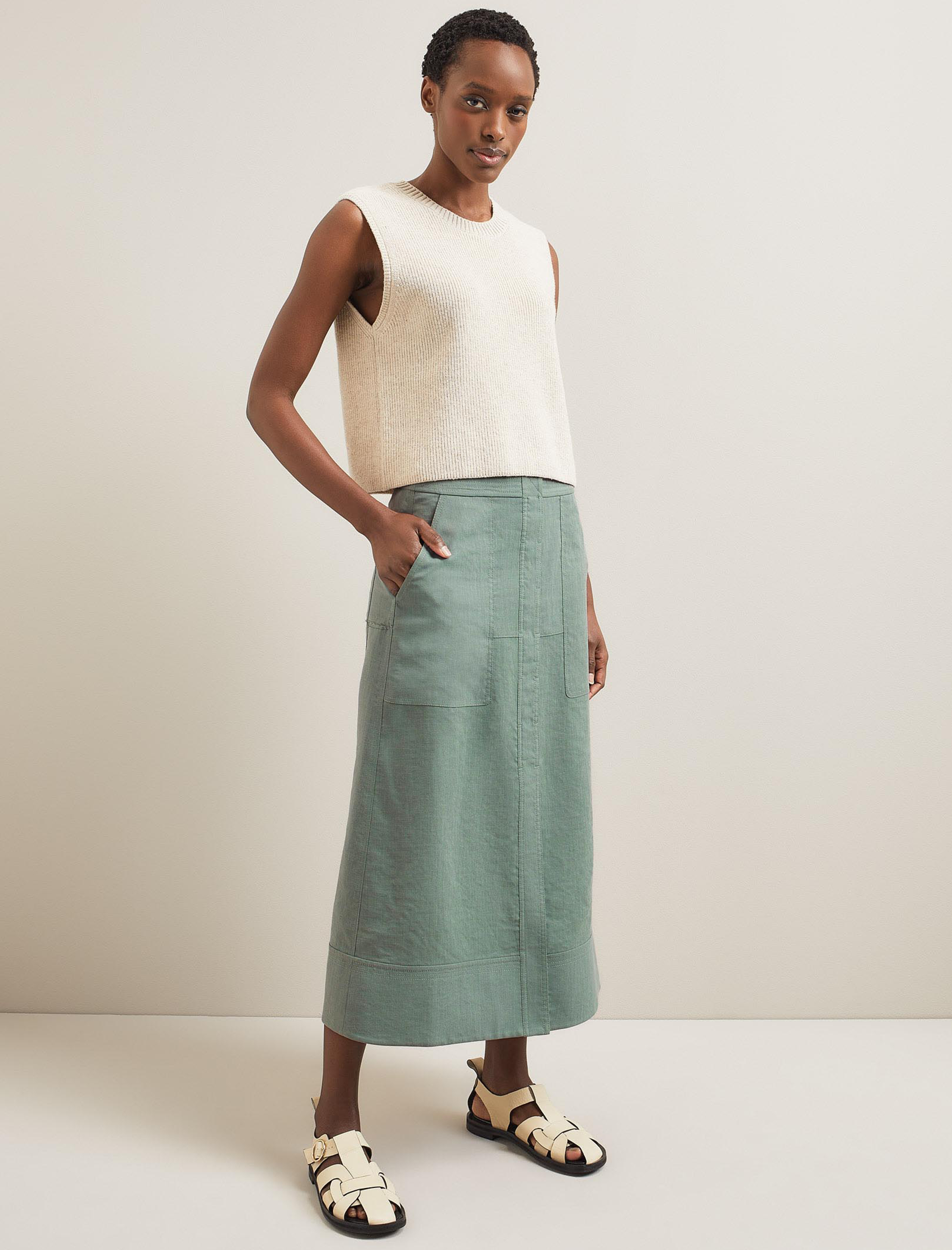 Cefinn Safia Techni Linen Midi Skirt - Sage Green