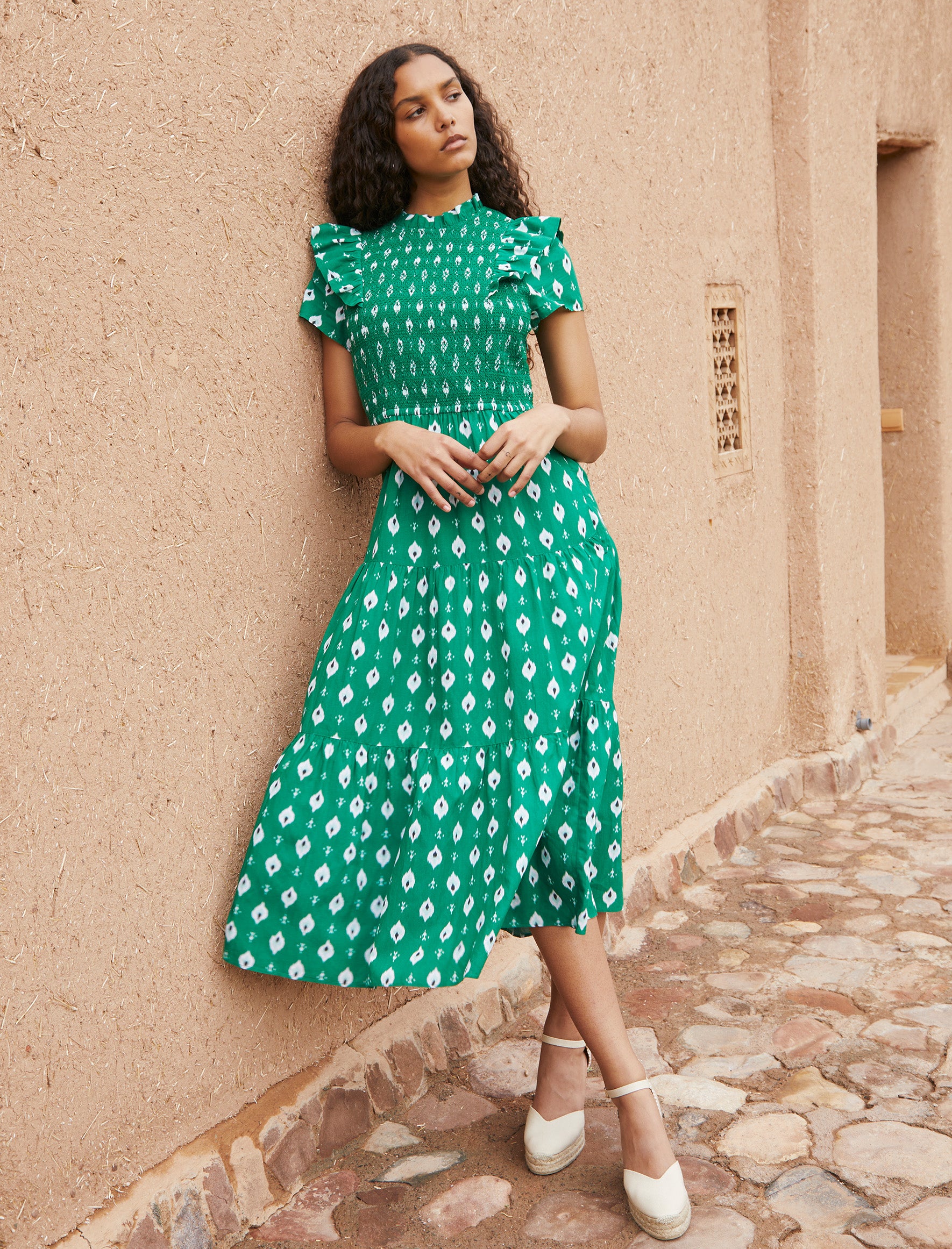 Cotton Volie Embroidered Print Shirred Dress Ikat Maxi Visose Green Tiered - Bodice with Sabrina