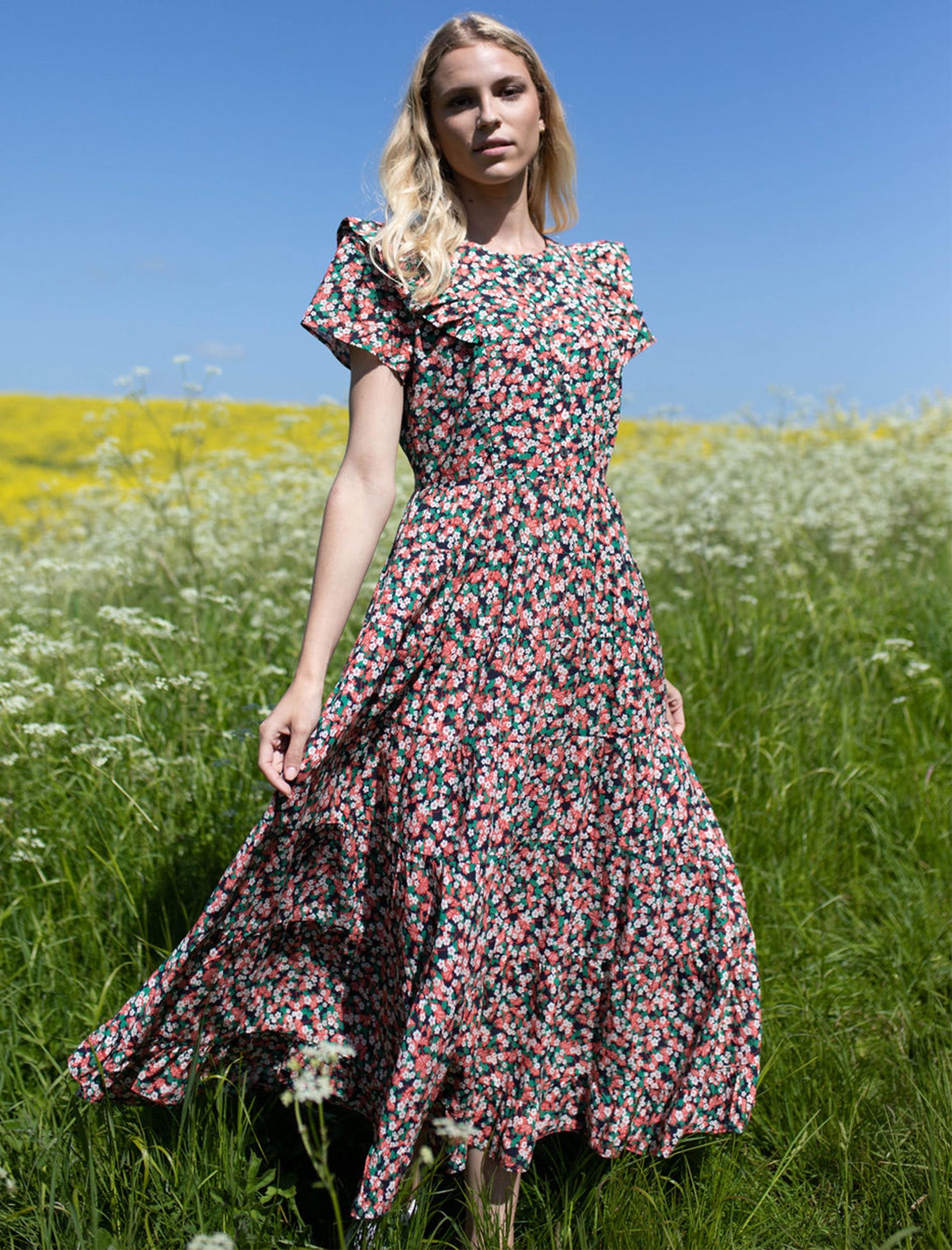 Sawyer Floral Short Sleeve Tiered Maxi Dress - Pink Blossom Print