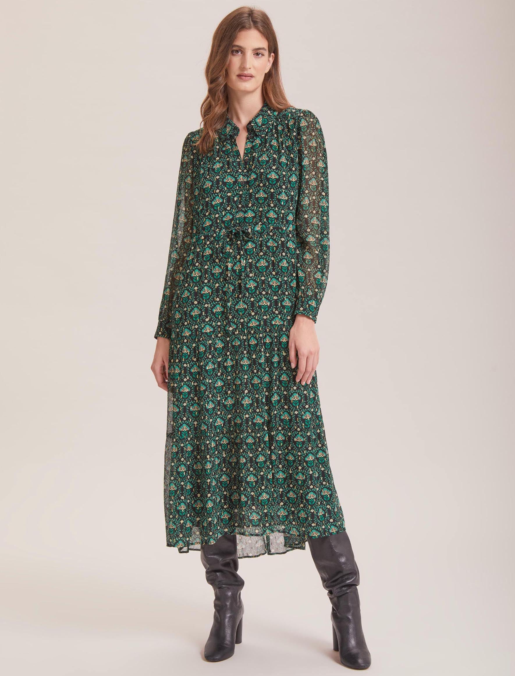 Cefinn Kamryn Lurex Shirt Dress - Green Carnation Print