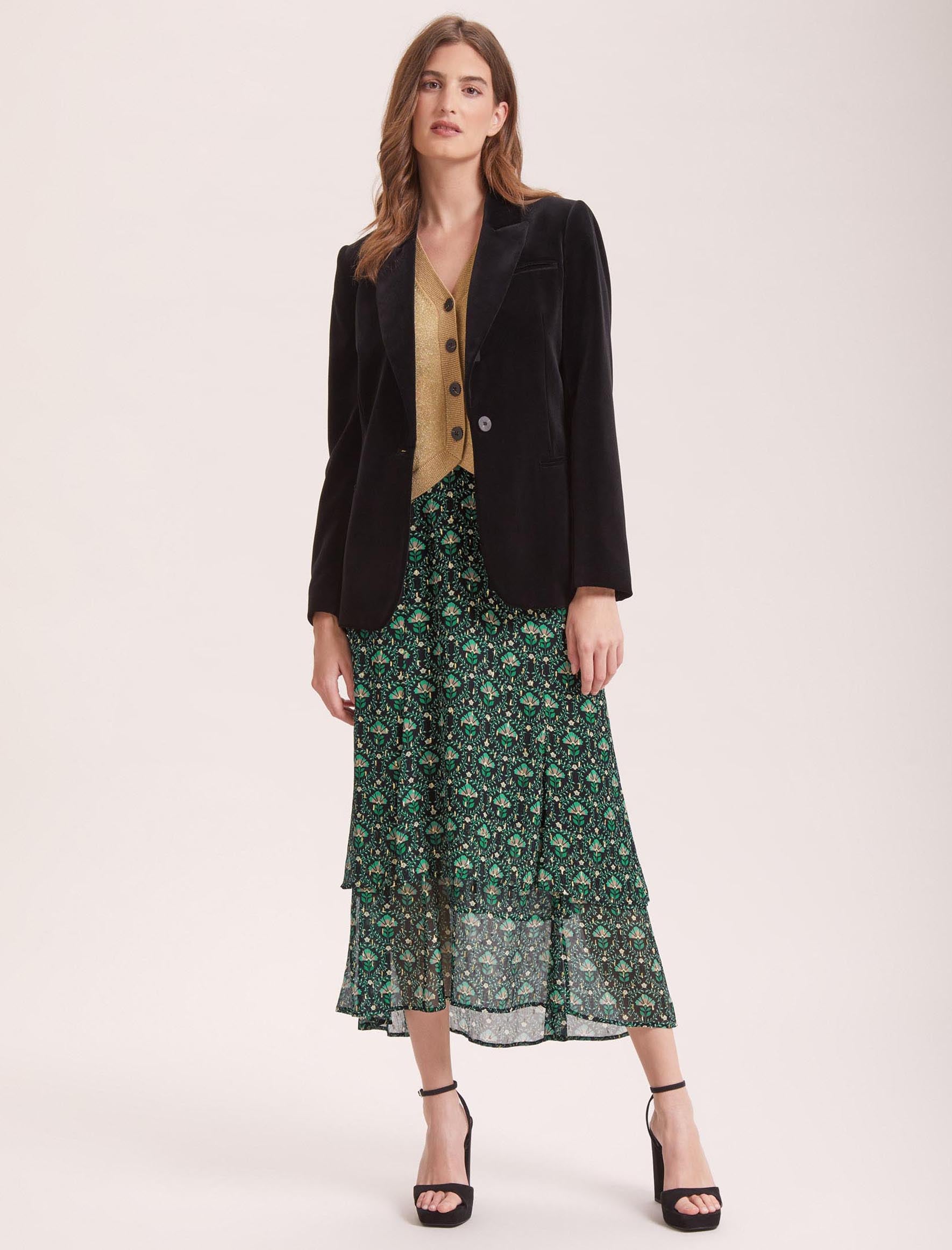Cefinn Lotta Lurex Maxi Skirt - Green Carnation Print