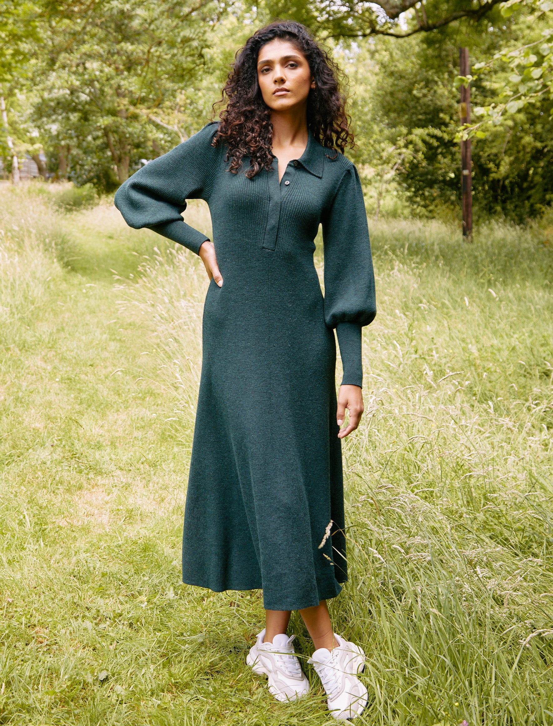 Cefinn Eva Merino Wool Collared Knit Maxi Dress - Dark Green