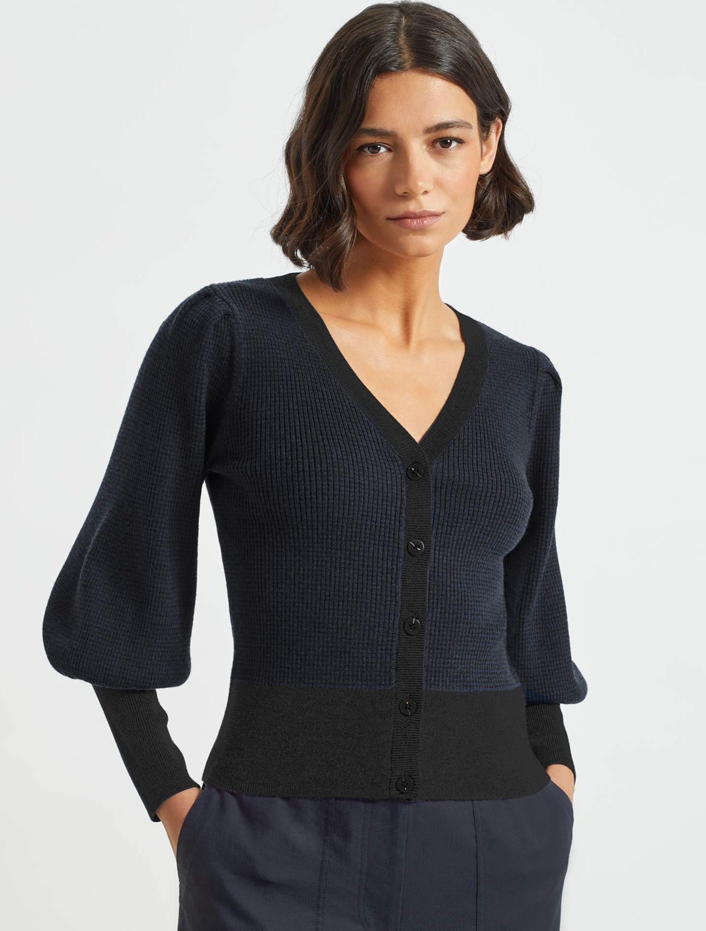 Cefinn Eva Wool Cardigan - Charcoal Mid Blue Stripe