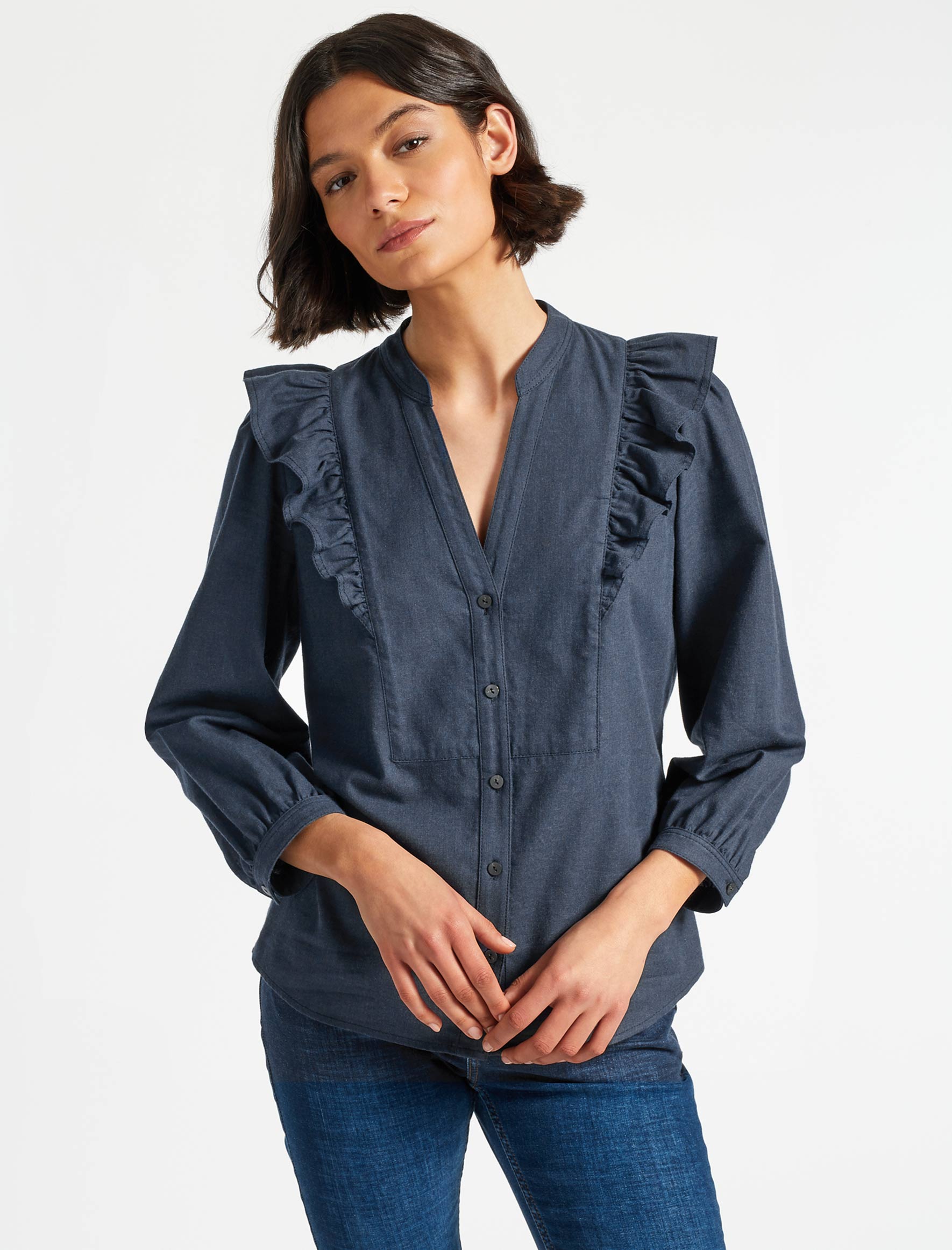 Cefinn Dixie Brushed Cotton Long Sleeve Frill Shirt - Dark Blue