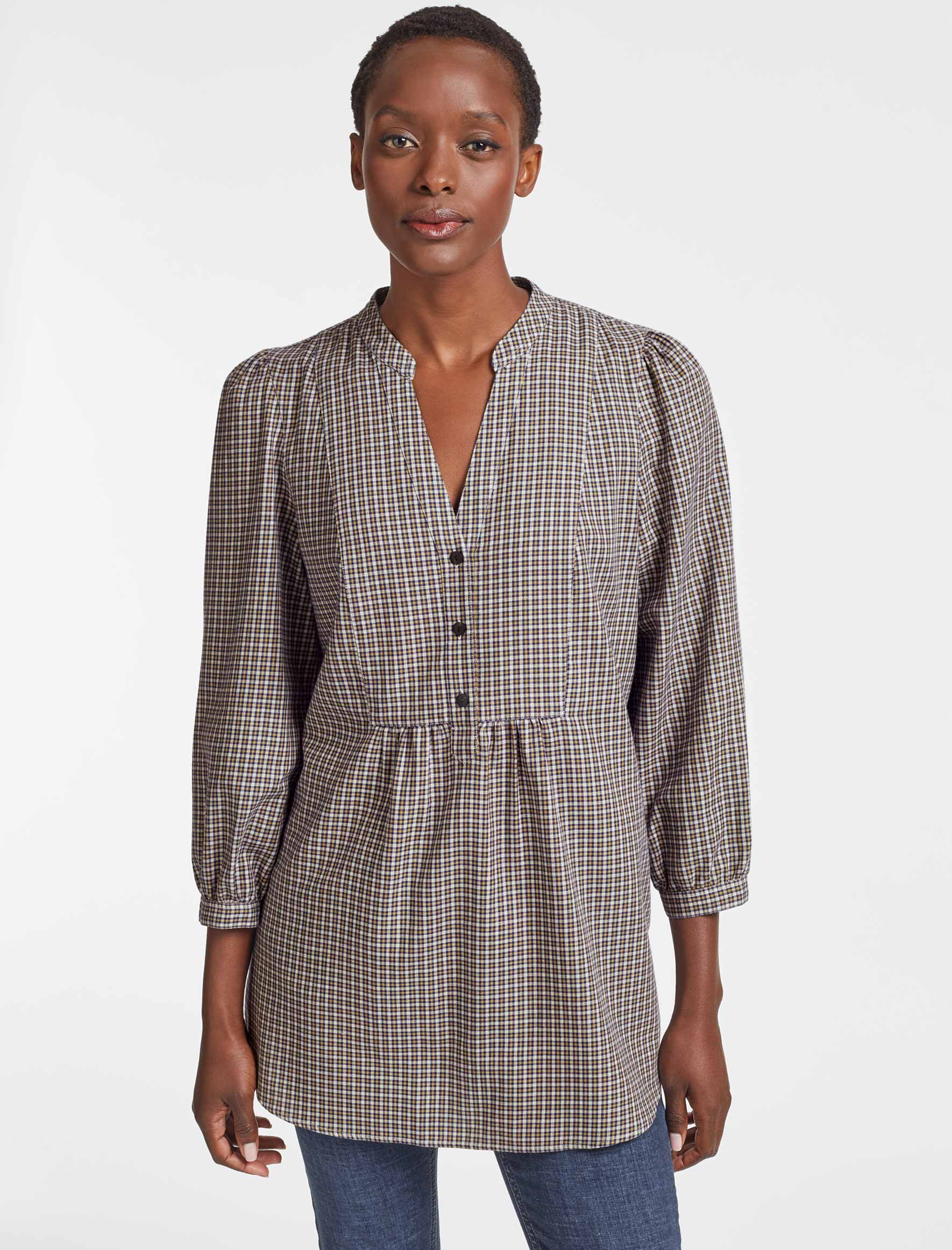 Cefinn Stevie Brushed Cotton Long Line Tunic Shirt - Tan/Navy Check