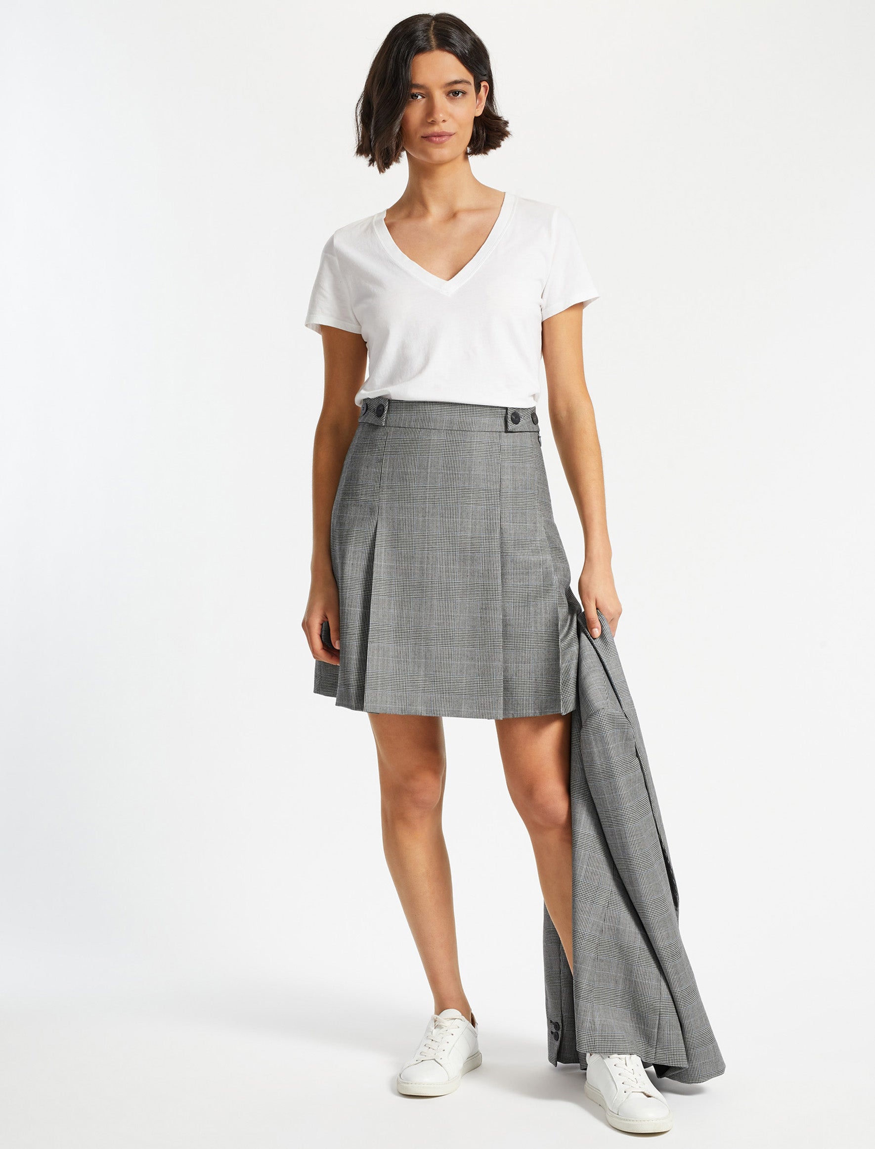 Cefinn Celina Pleated Pure Wool Short Skirt - Grey Check