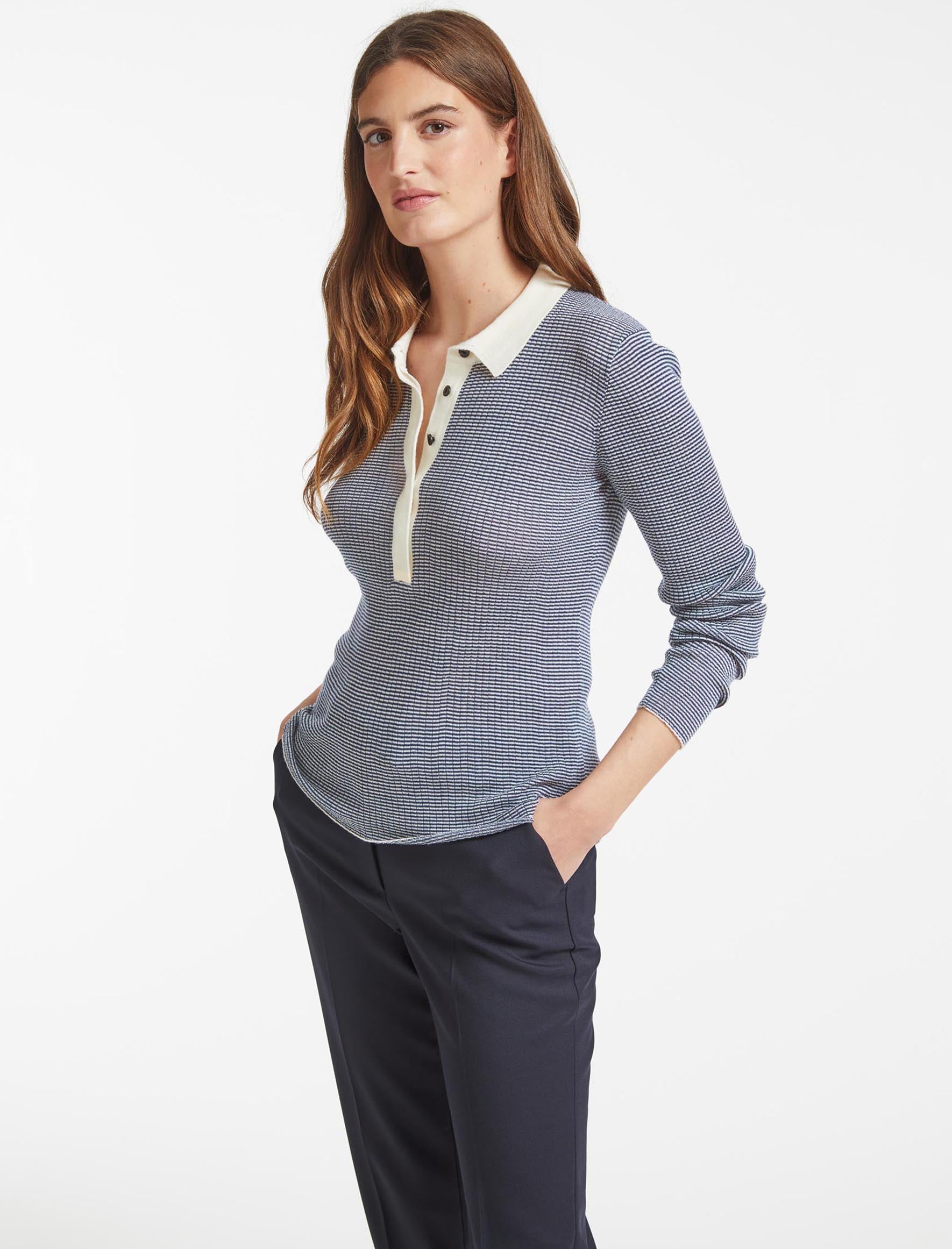 Cefinn Jonah Wool Jumper - Denim Blue Cream Stripe