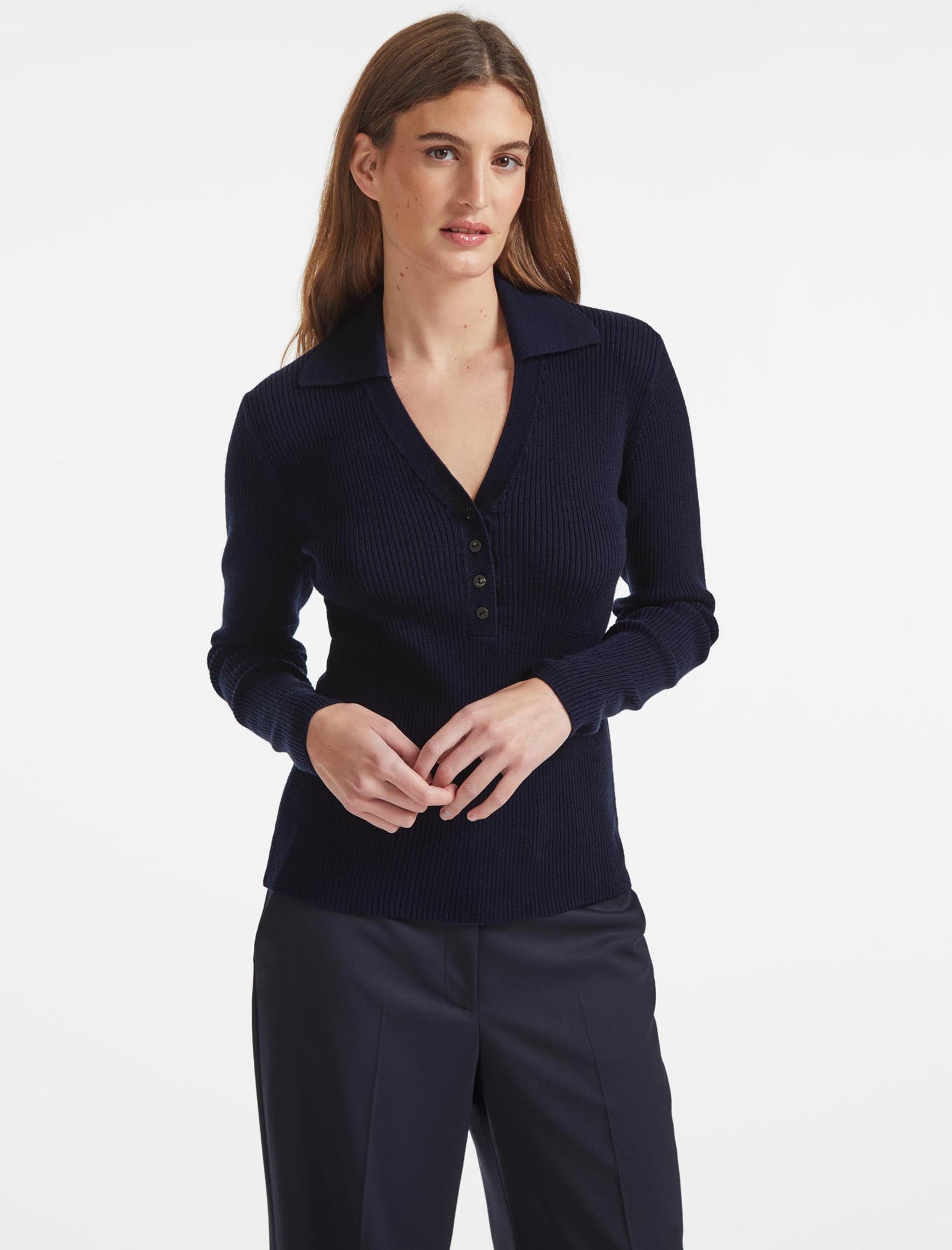 Cefinn Ellen Collared V-Neck Rib Jumper - Navy