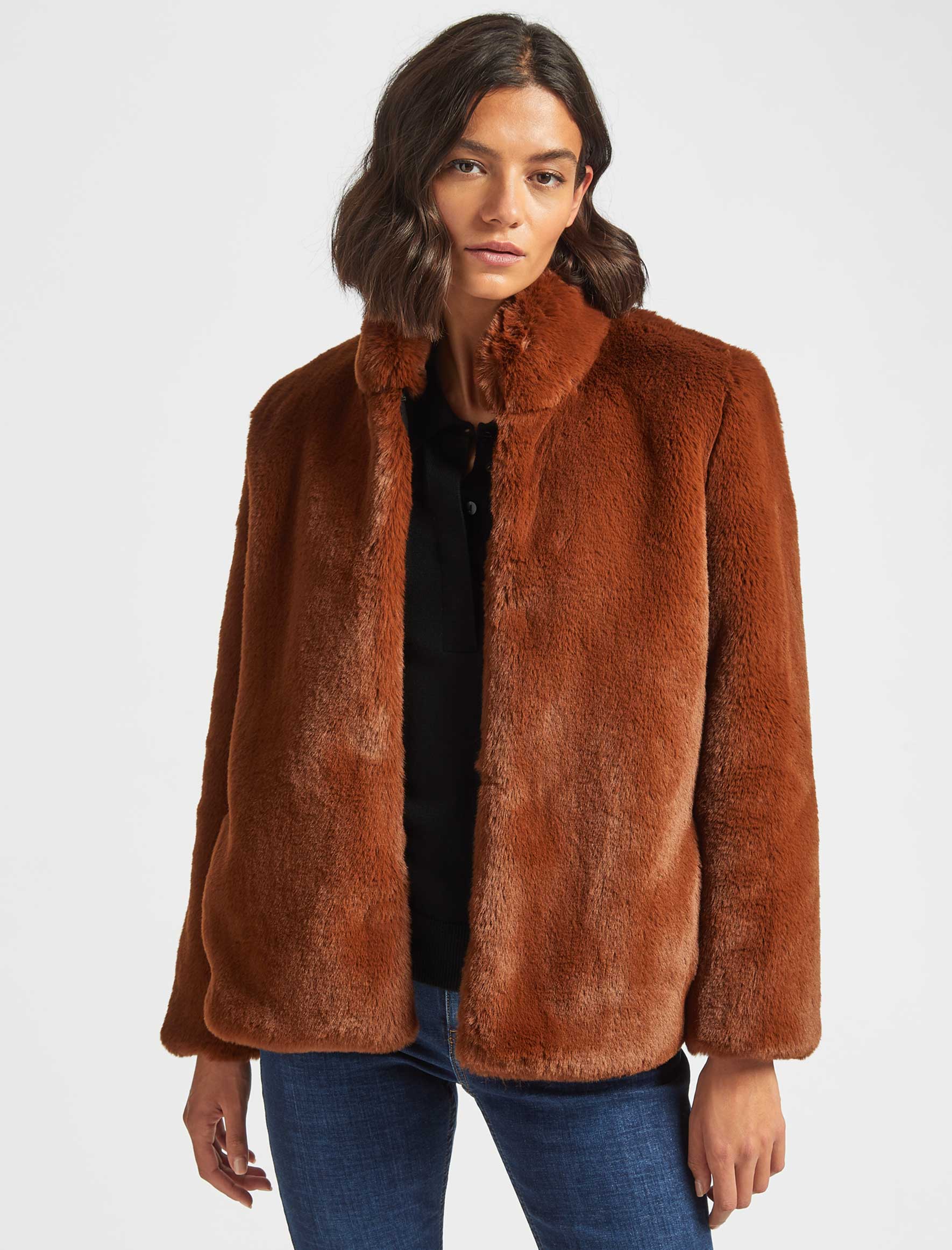 Cefinn Carly Cropped Faux Fur Coat - Chestnut Brown