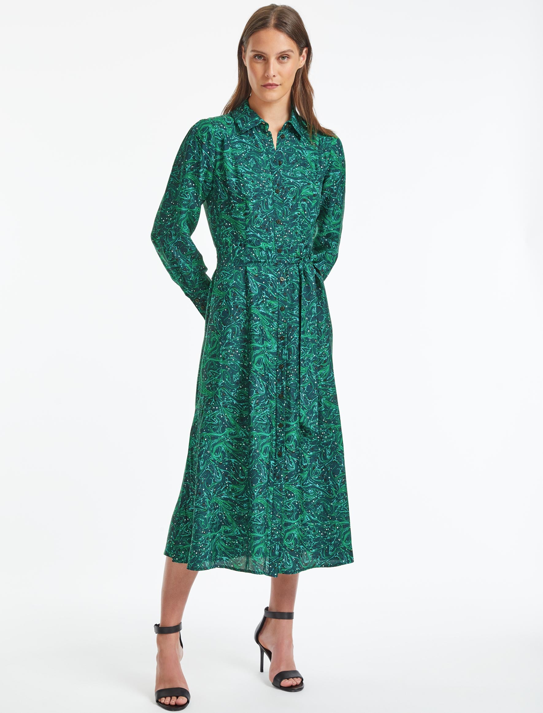 Cefinn Millie Collared Long Sleeve Maxi Shirt Dress - Petrol Marble Print