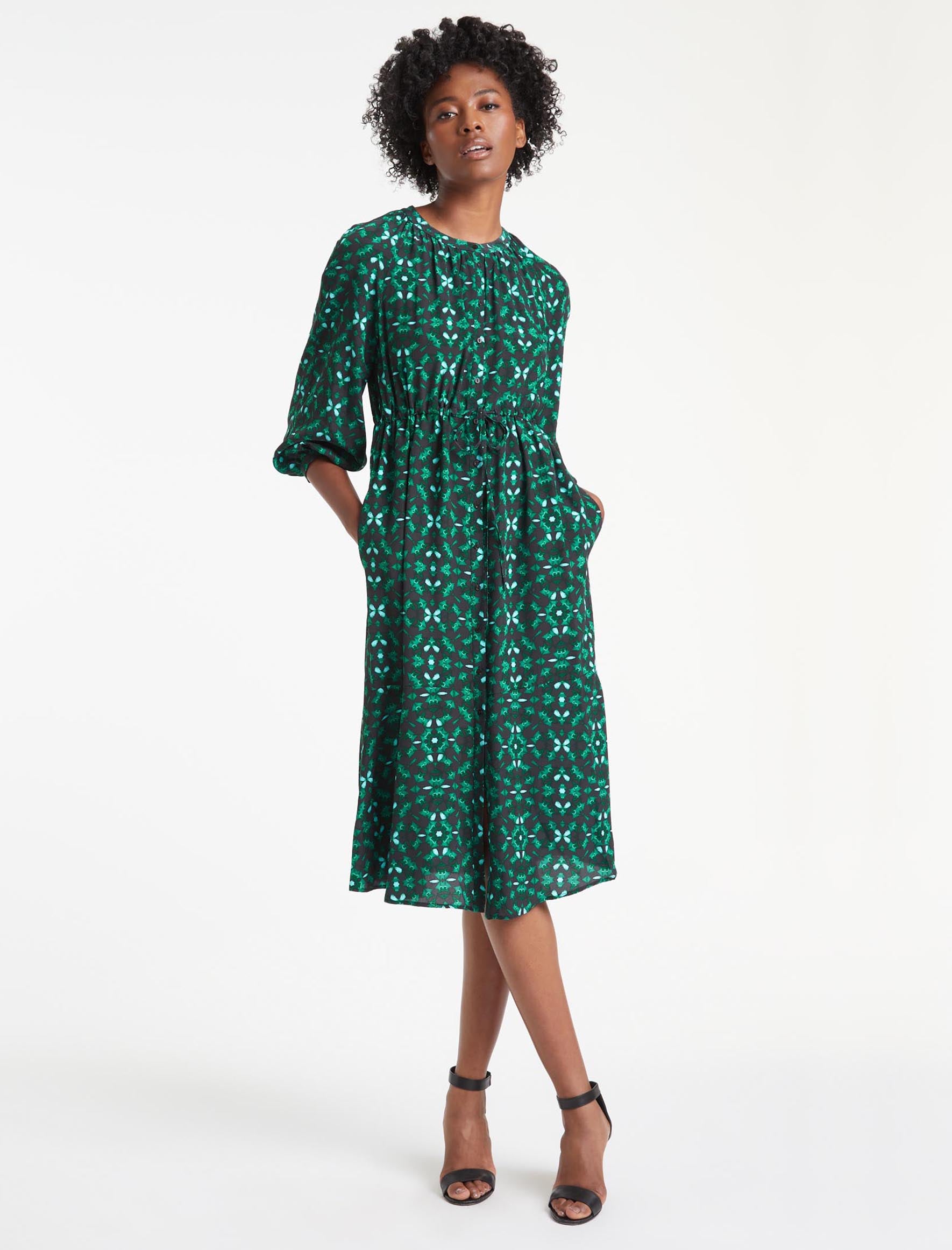 Cefinn Heidi Silk Maxi Shirt Dress - Green Shibori Print