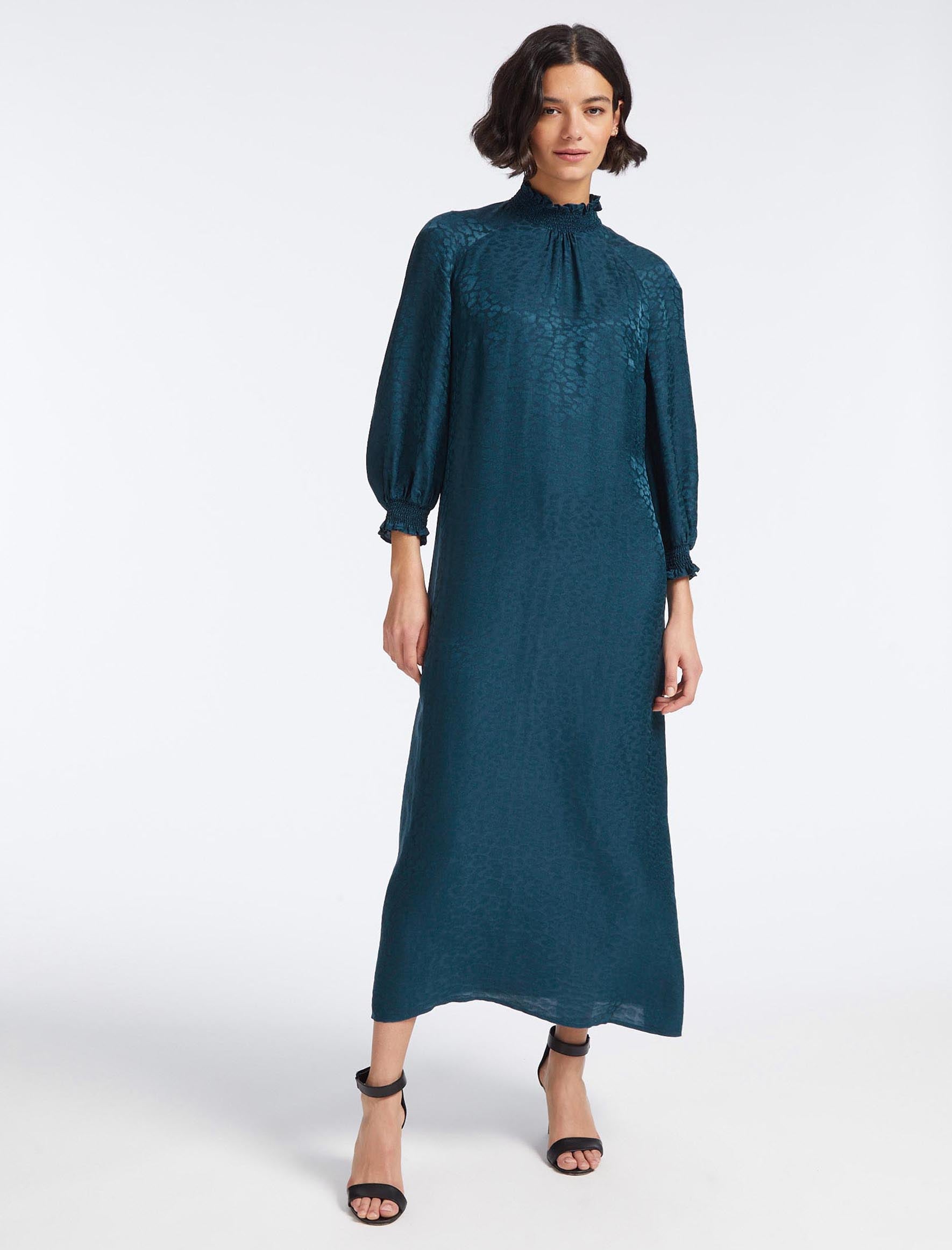 Cefinn Rosamund Silk Blend Maxi Dress - Petrol Blue Leopard Pansy Print