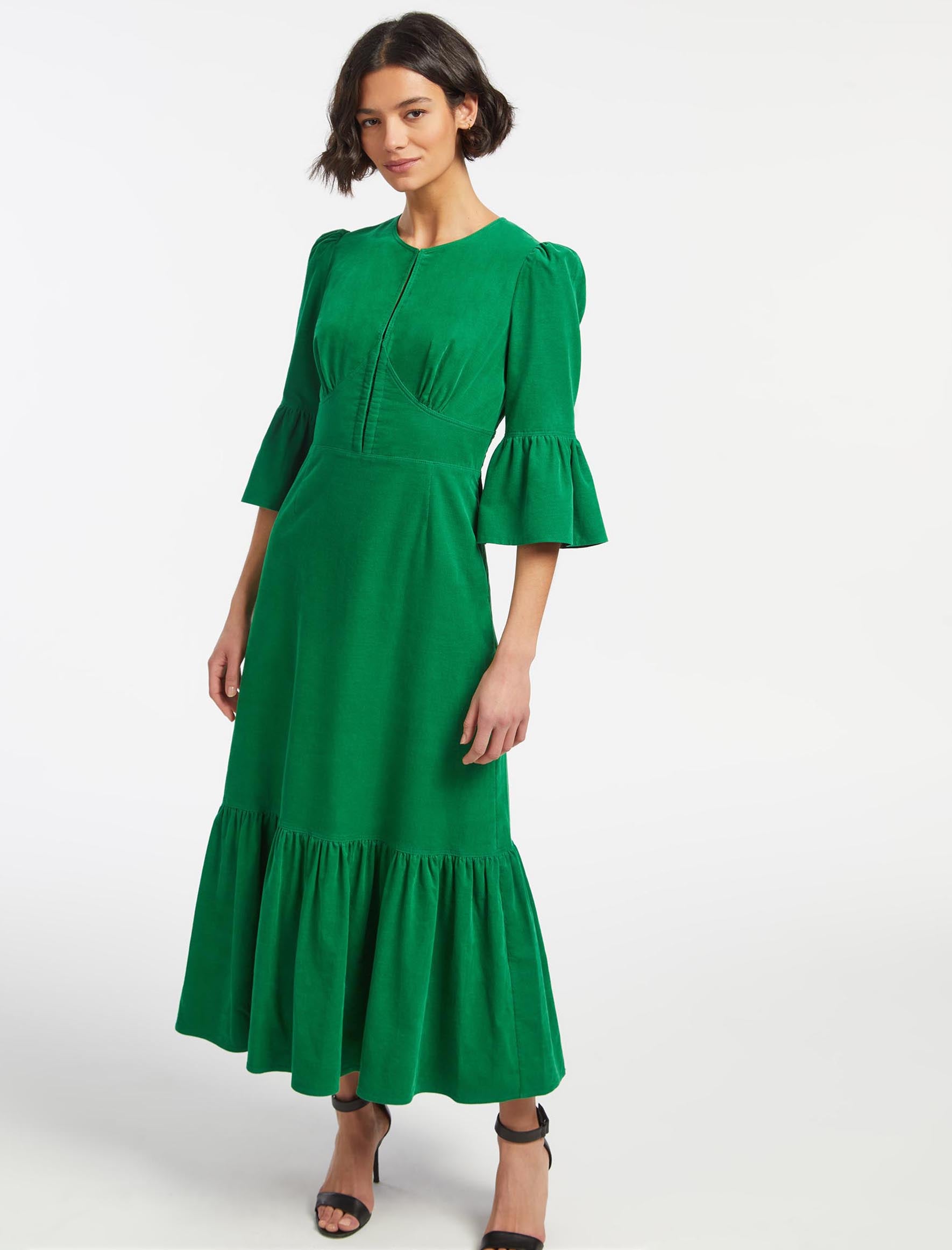 Cefinn Daphne Pin Corduroy Round Neck Maxi Dress - Emerald Green