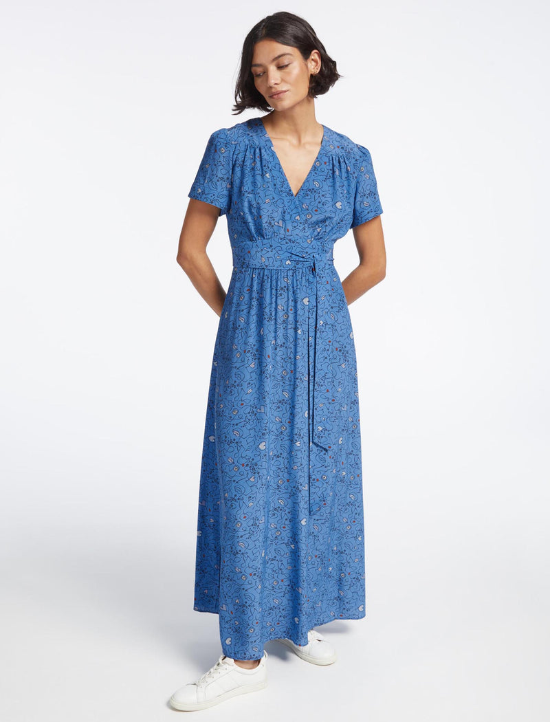 Gina Silk Fixed Wrap V-Neck Maxi Dress with Wide Belt in Blue Lips Eyes ...