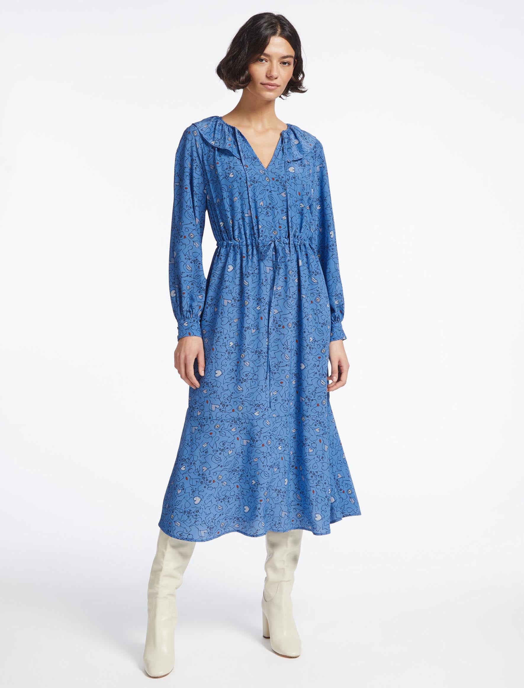 Cefinn Georgia Silk Midi Dress - Blue Lips Eyes Print