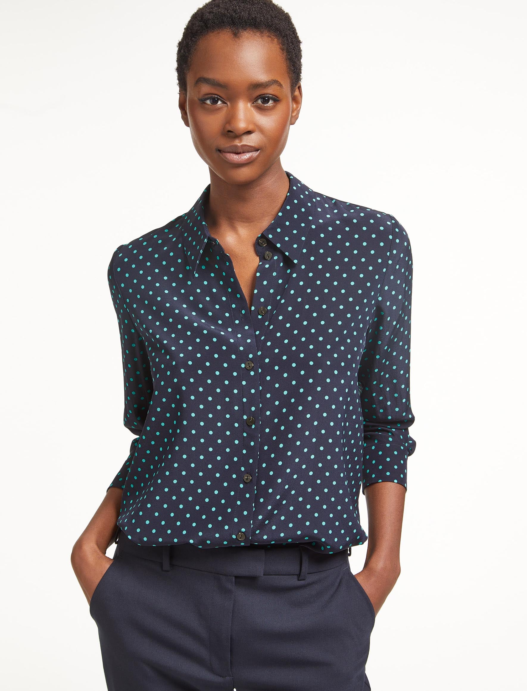 Cefinn Skyla Silk Shirt - Navy Turquoise Polka Dot