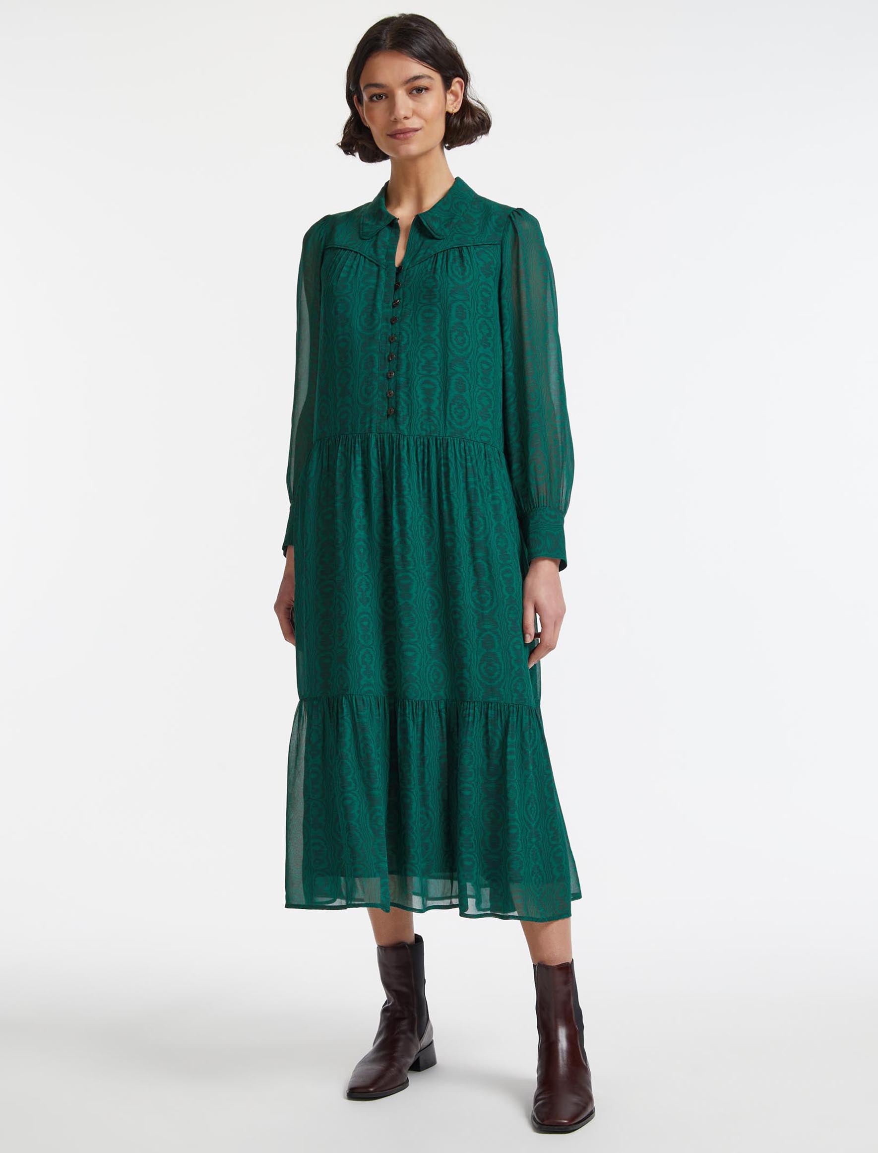 Cefinn Emerson Midi Shirt Dress - Green Moire Print
