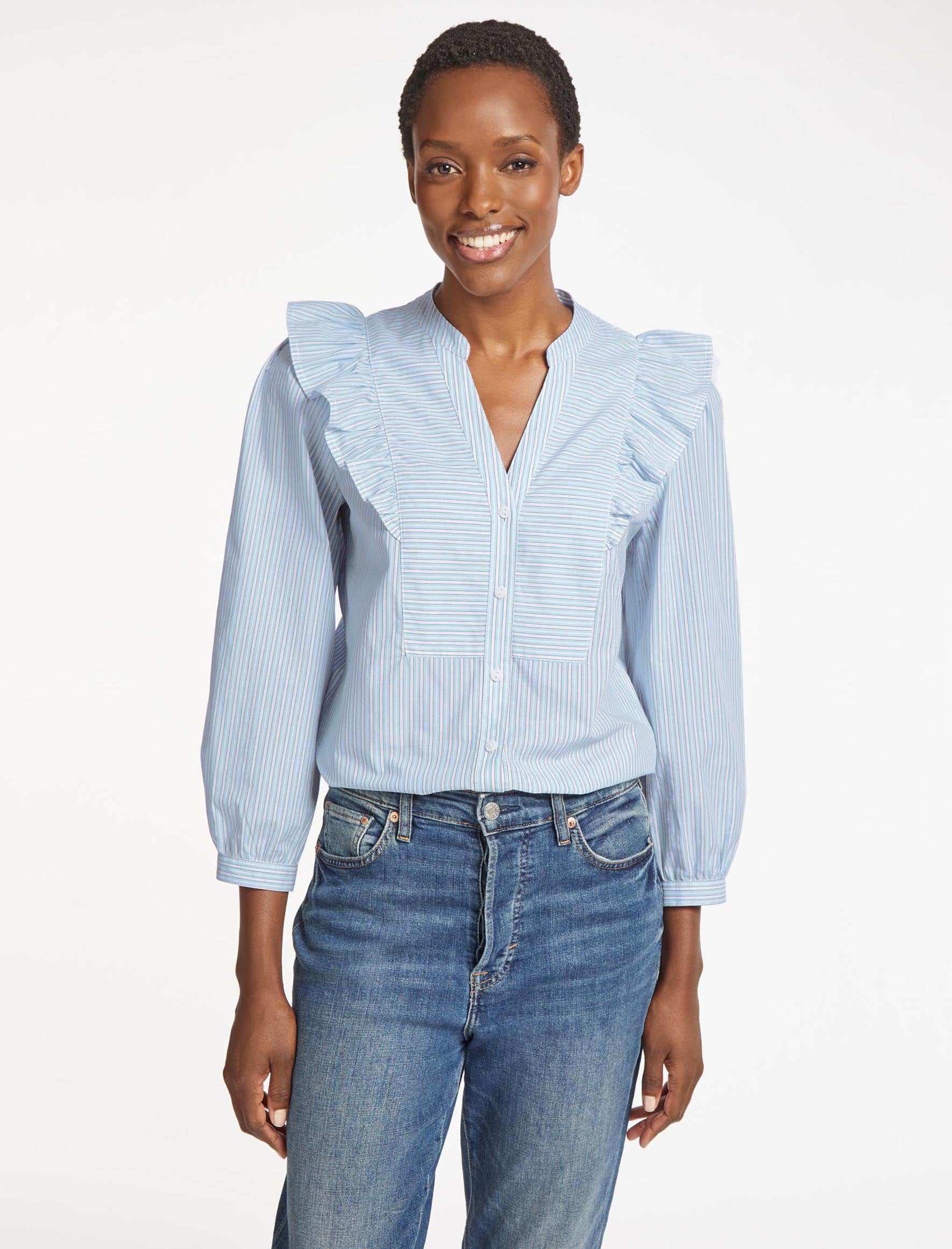 Cefinn Dixie Organic Cotton V Neck Shirt - Mid Blue White Stripe