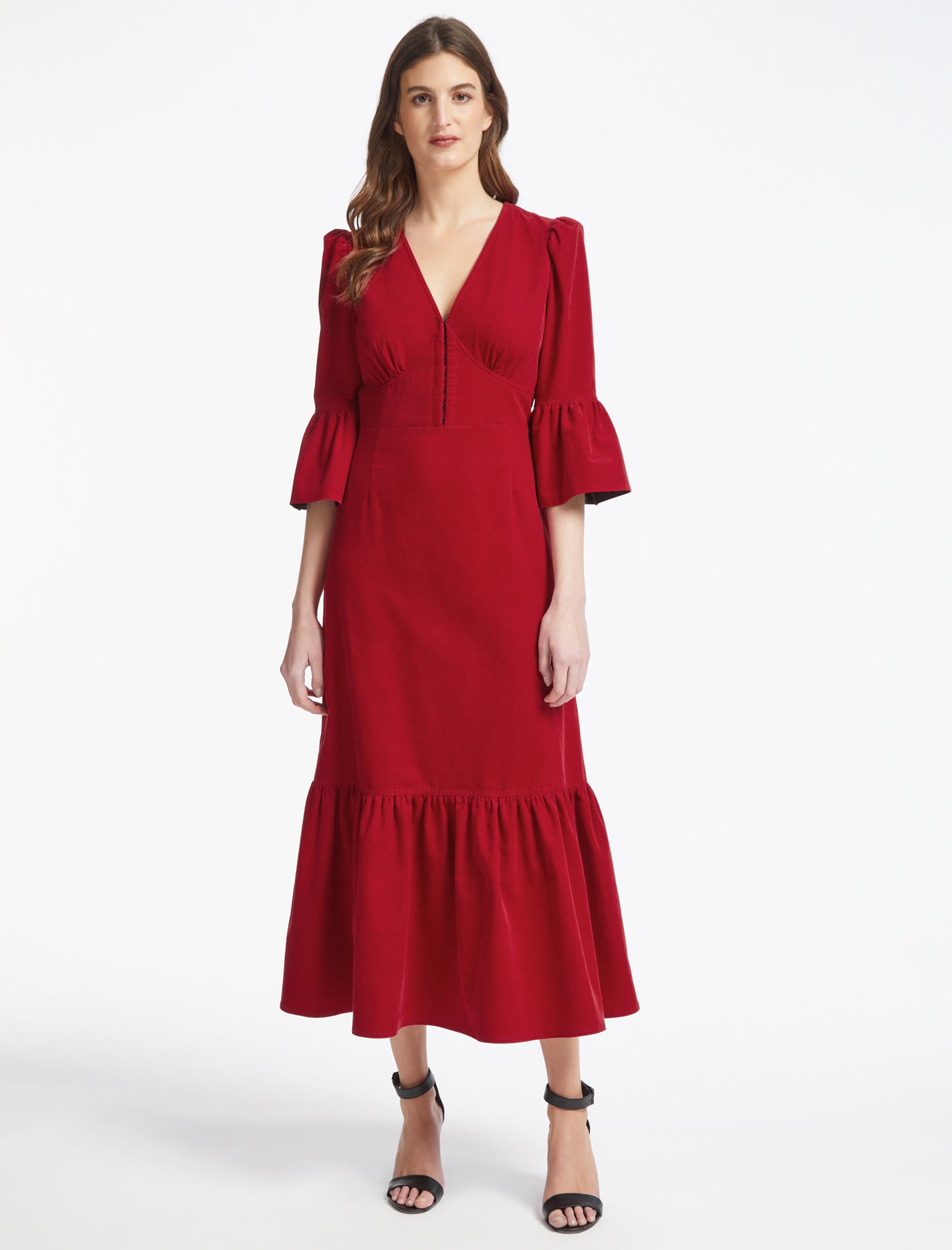 Cefinn Daphne Pin Corduroy V Neck Maxi Dress - Red
