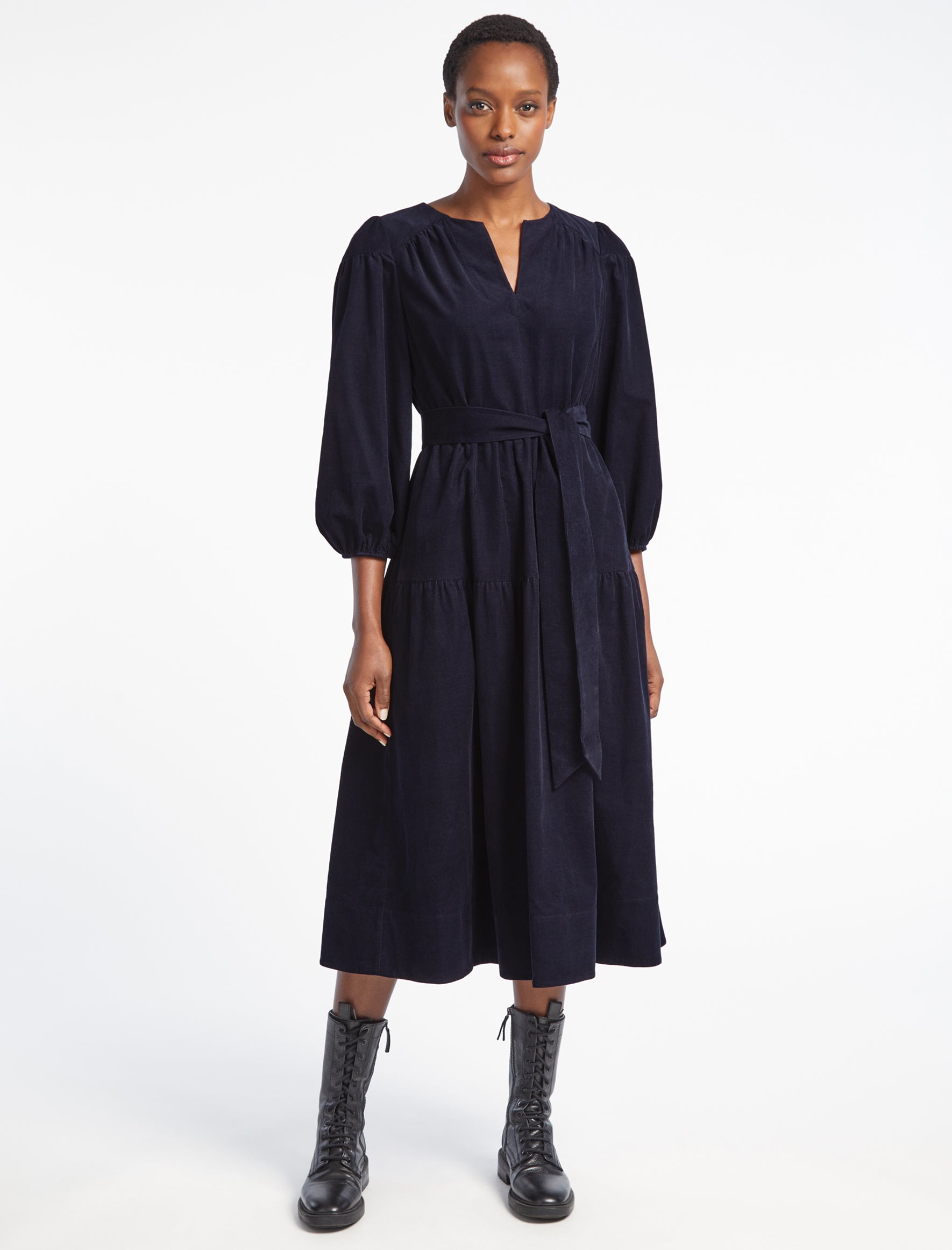 Cefinn Erica Pin Corduroy Midi Dress - Navy