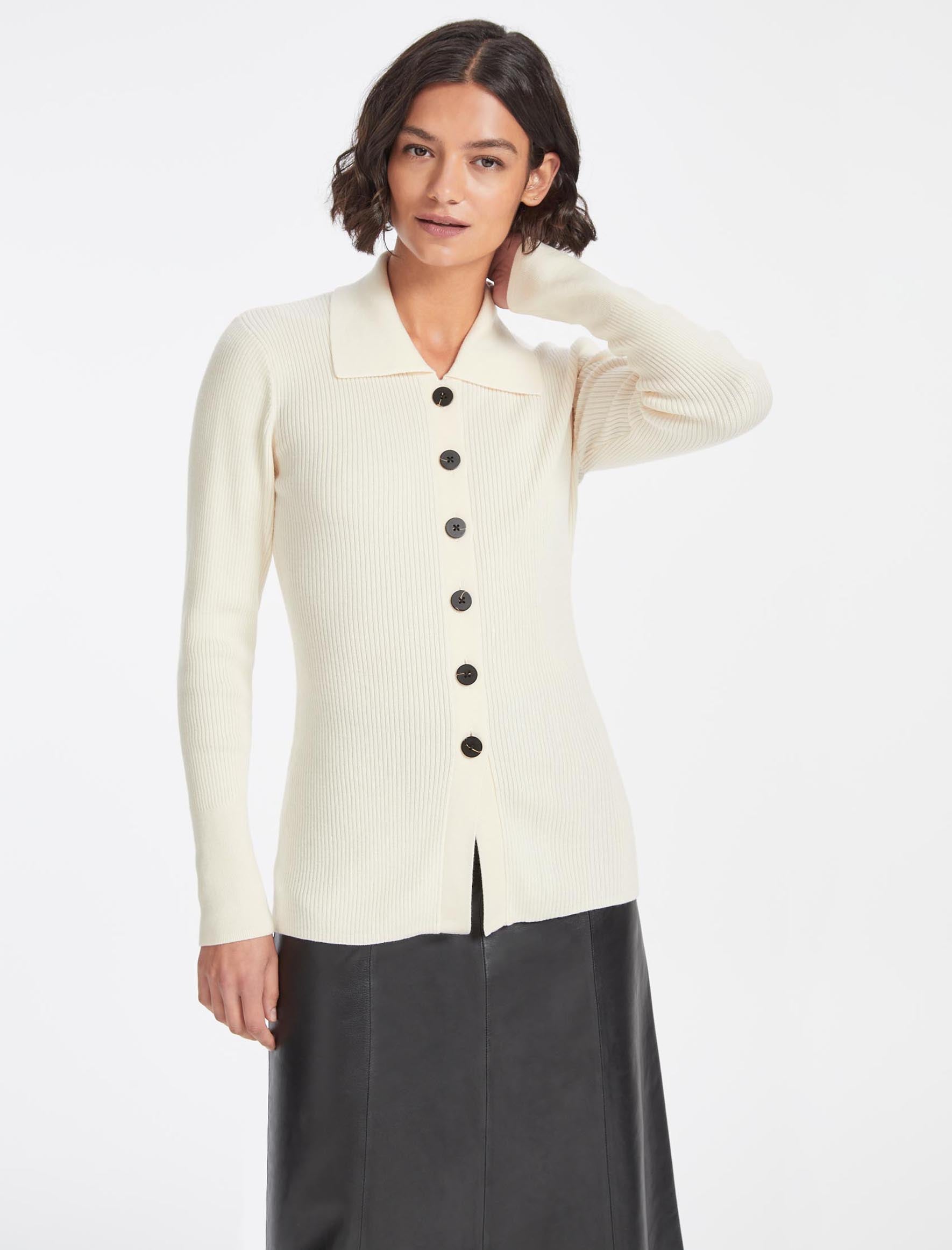 Cefinn Kelis Wool Rib Knit Cardigan - Cream