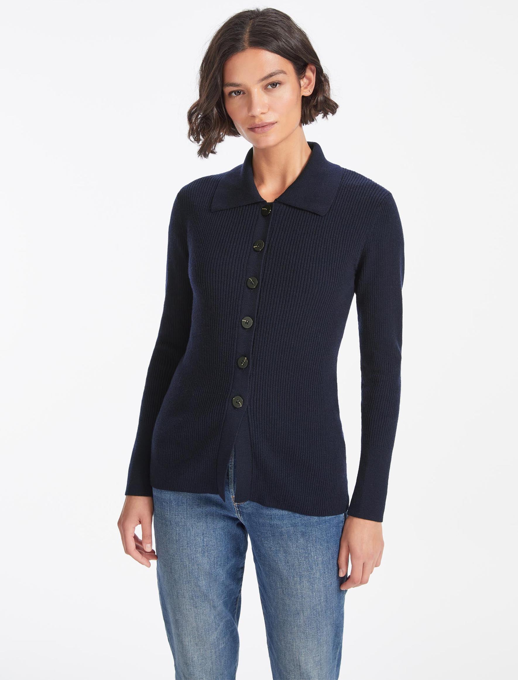 Cefinn Kelis Wool Rib Knit Cardigan - Navy