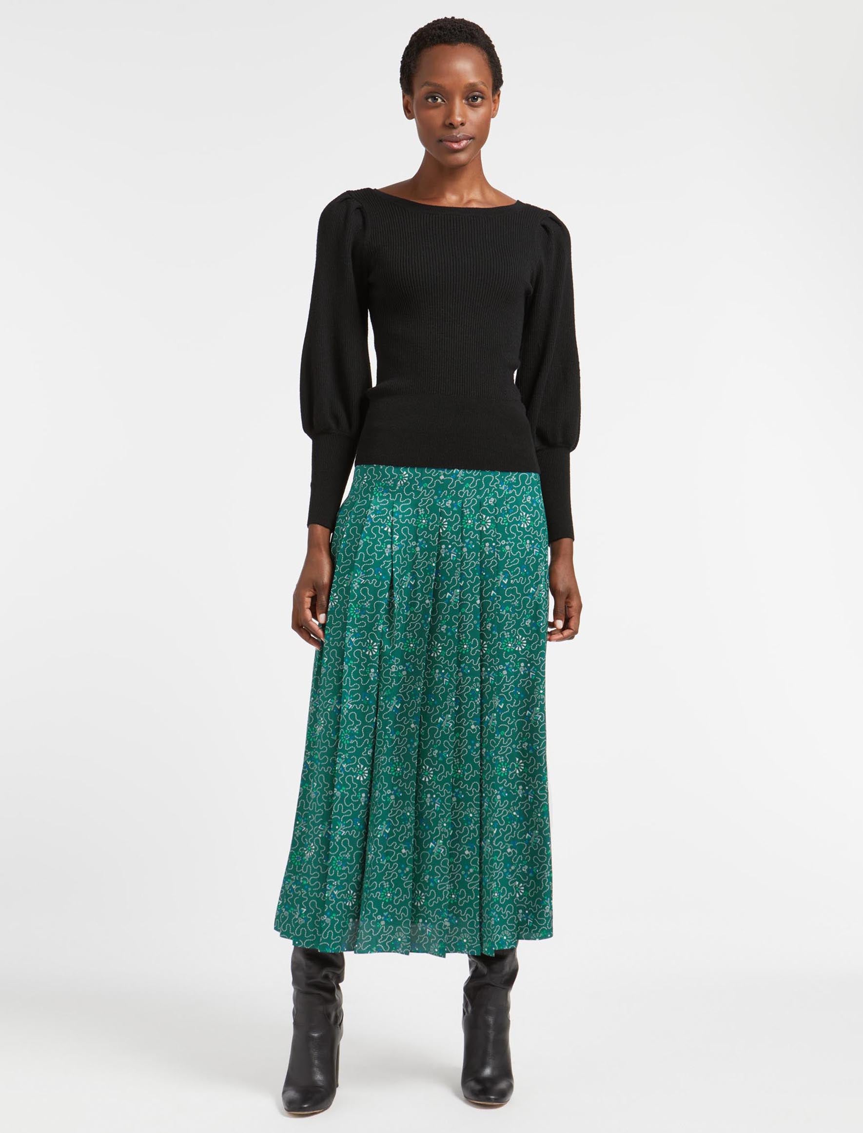 Cefinn Savannah Pleated Maxi Skirt - Green White Wiggle Print