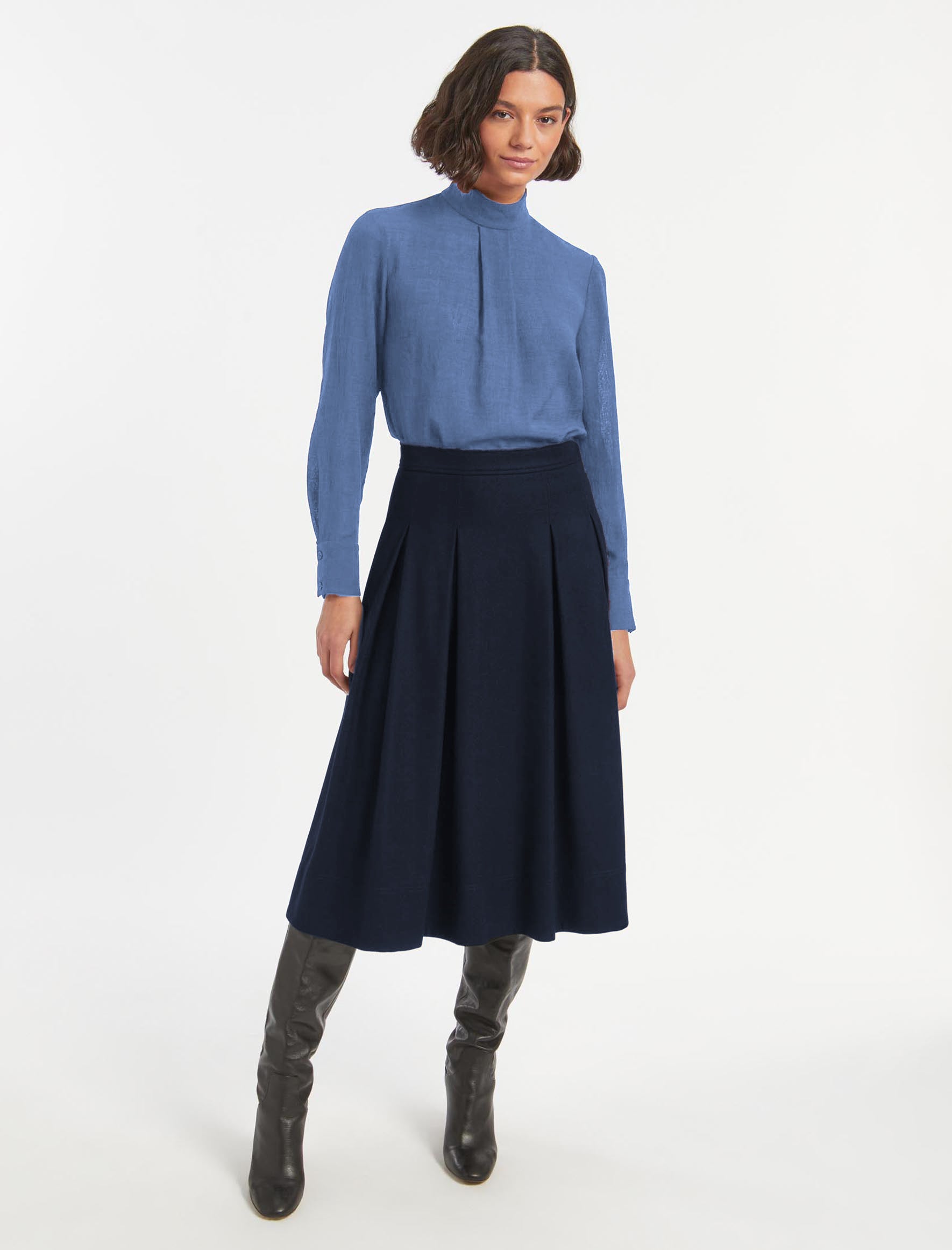 Cefinn Saffron Felted Wool Pleated Midi Skirt - Navy
