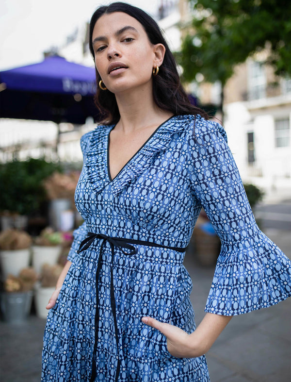 Cordelia V-Neck Maxi Dress with Pleated Frill Detail - Light Blue Geo Star Print